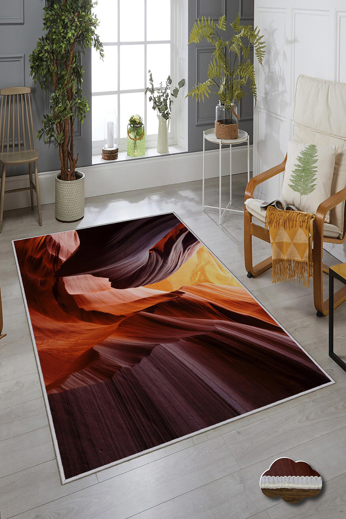 Homefesto Krem 5 mm Polyester Leke Tutmaz Yıkanabilir İnce Kaymaz Taban Doğa Temalı Dikdörtgen Makine Dokuma Salon Halısı 80x200 cm