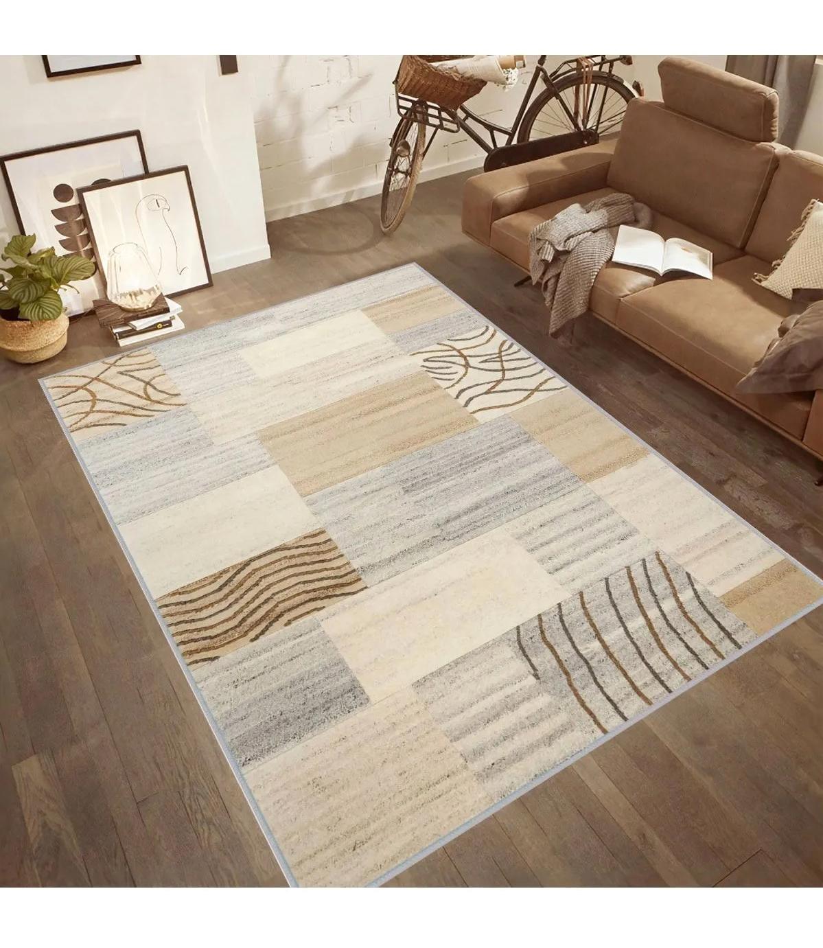 Rovigo Home RVG0535 Krem 8 mm Polyester Leke Tutmaz-Toz Tutmaz Yıkanabilir İnce Kaymaz Dot Taban Dikdörtgen Makine Dokuma Salon Halısı 200x290 cm