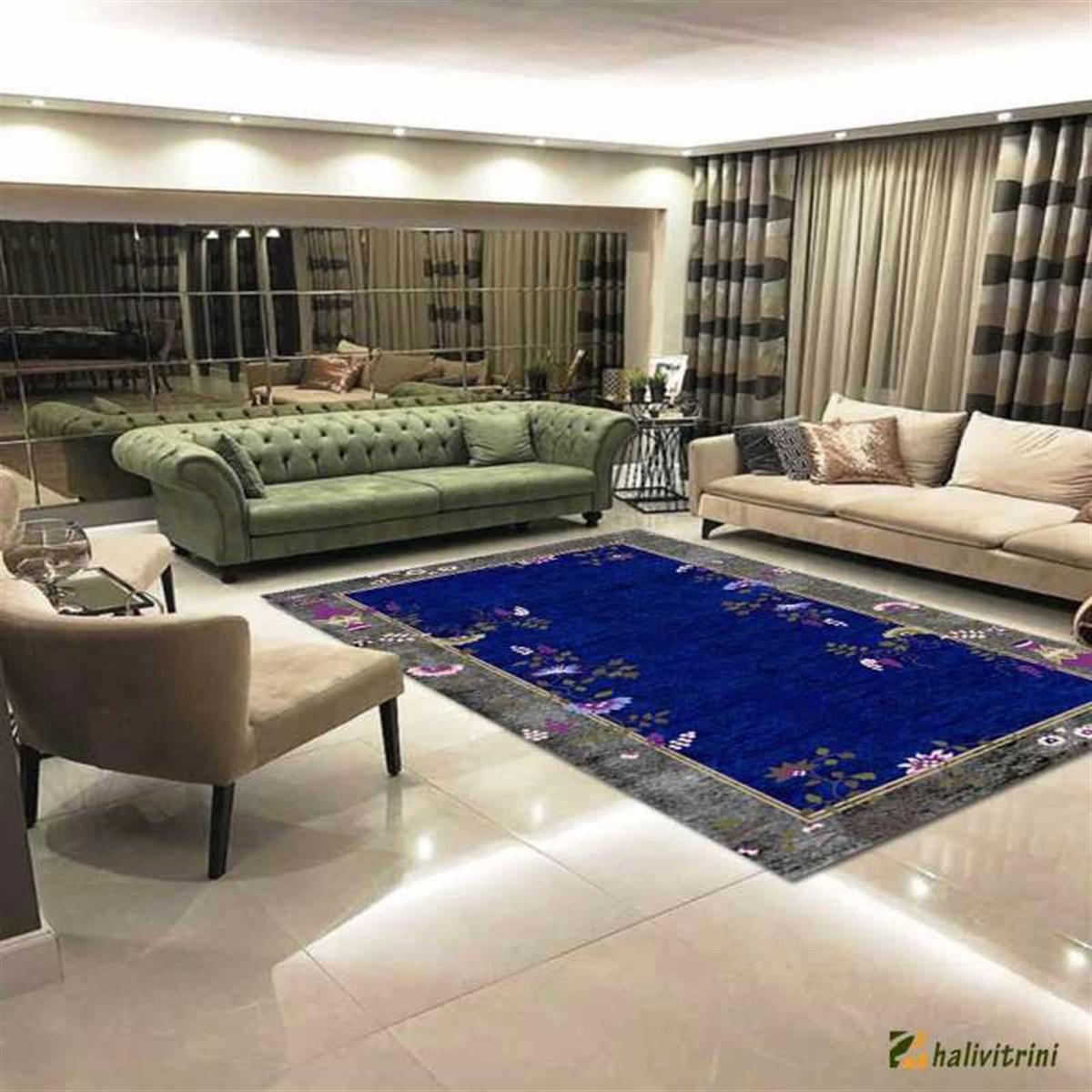 Hitit 4111 Mavi 5 mm Polyester Leke Tutmaz Yıkanabilir İnce Kaymaz Dikdörtgen Makine Dokuma Salon Halısı 140x200 cm