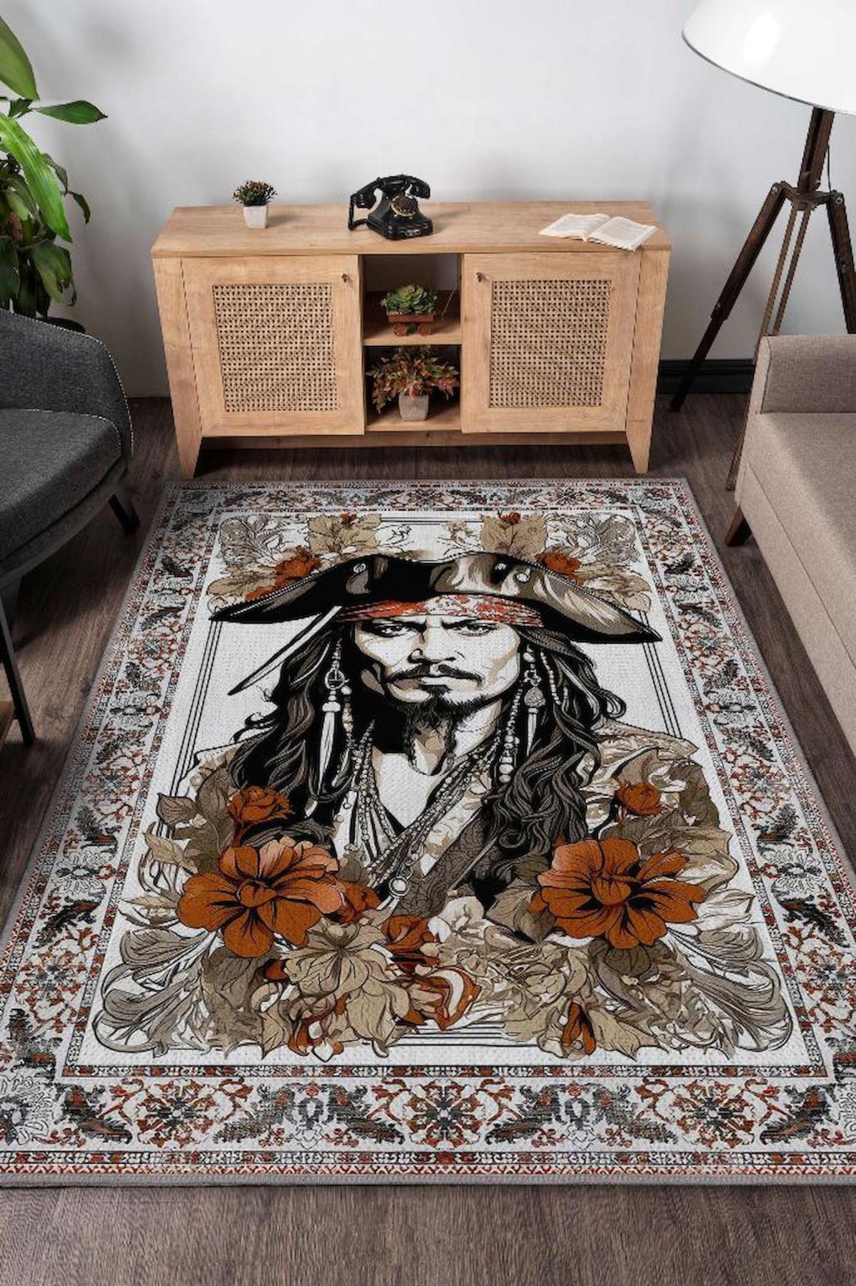 Homshtag Karayip Korsanları Krem 4 mm Pamuk Antistatik Yıkanabilir İnce Kaymaz Dikdörtgen Makine Dokuma Salon Halısı 80x200 cm