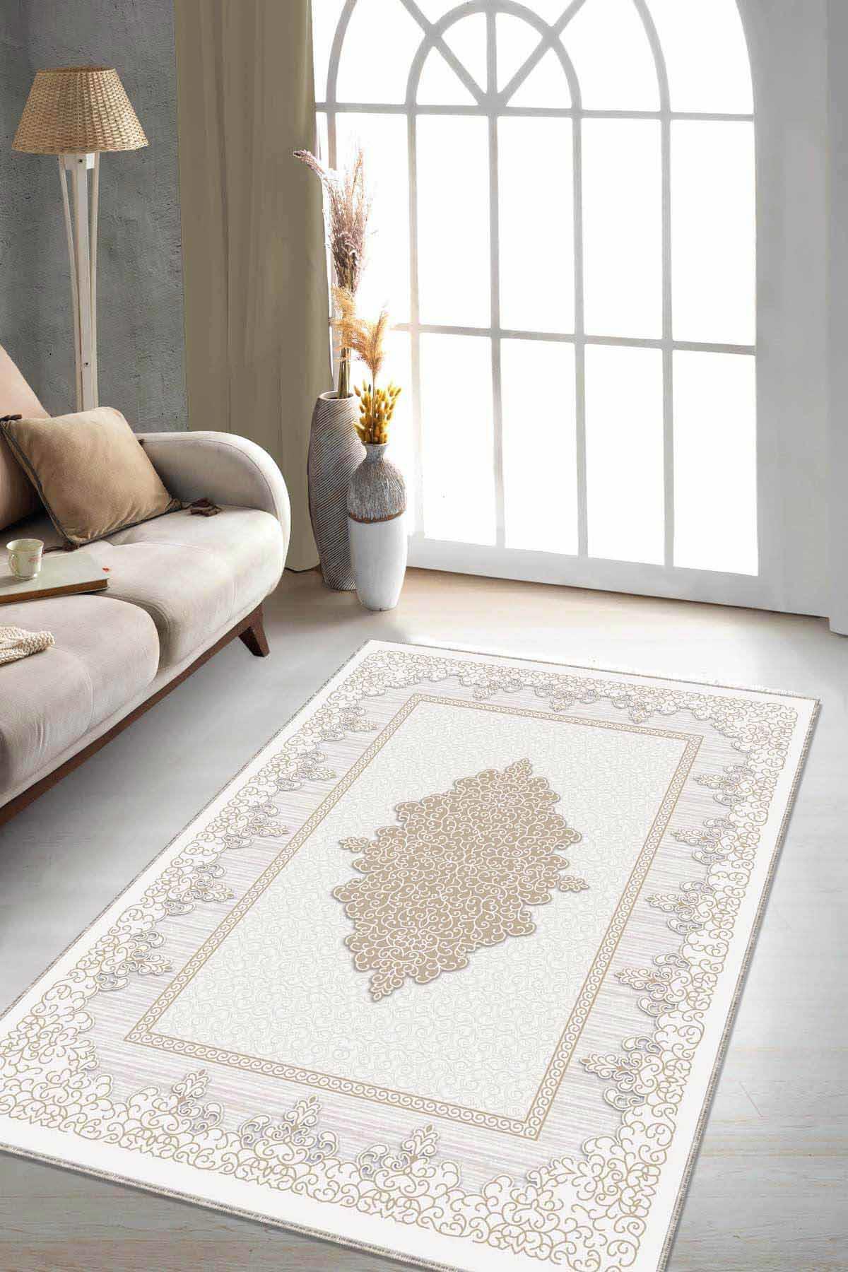 Viva Home RV301 Bej 7 mm Mikropolyester Leke Tutmaz Yıkanabilir İnce Kaymaz Dot Taban Dikdörtgen Makine Dokuma Salon Halısı 100x200 cm
