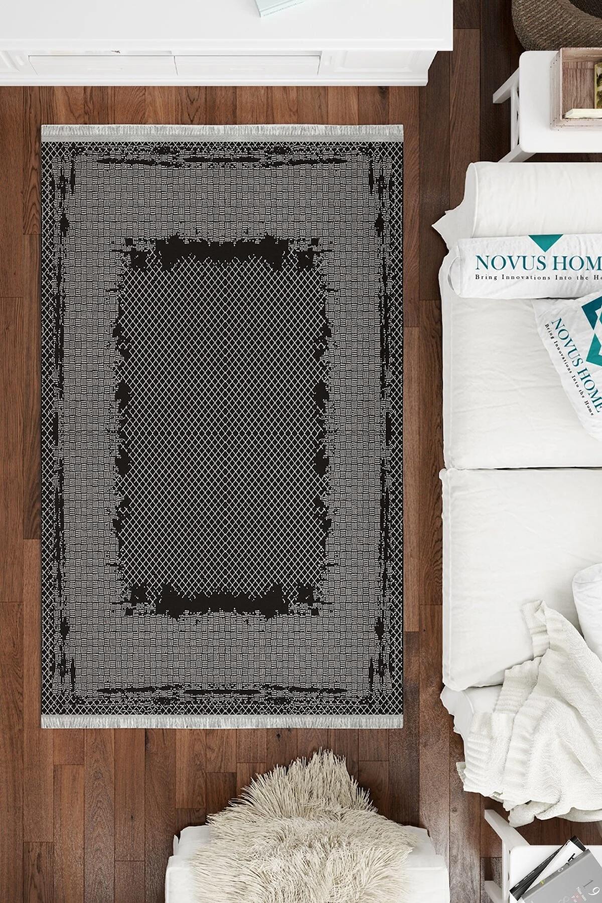 Novus Home Punto Serisi Gri-Siyah 7 mm Polyester Antibakteriyel-Toz Tutmaz-Yalıtıma Yardımcı Yıkanabilir İnce Kaymaz Taban Dikdörtgen Makine Dokuma Antre-Salon-Yatak Odası Halısı 120x200 cm