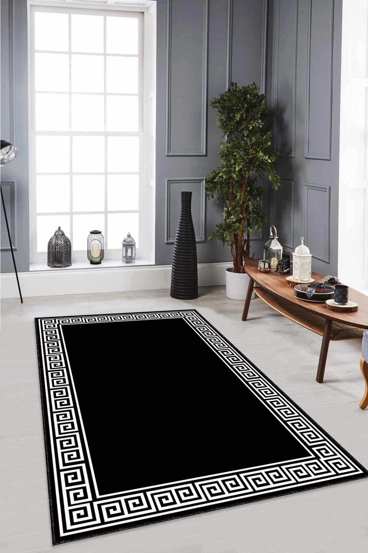 Viva Home RV037 Siyah 7 mm Mikropolyester Antibakteriyel Yıkanabilir Kalın Kaymaz Lateks Taban Dikdörtgen Makine Dokuma Salon Halısı 100x200 cm