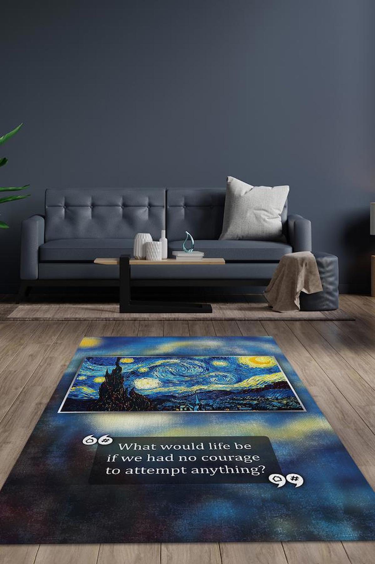 Homshtag Yıldızlı Gece Van Gogh Çok Renkli 4 mm Pamuk Antistatik Yıkanabilir İnce Kaymaz Dikdörtgen Makine Dokuma Salon Halısı 120x180 cm