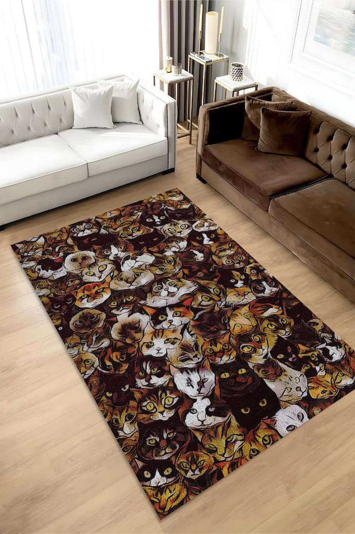 Homshtag Kedi Kafası Çok Renkli 4 mm Pamuk Antistatik Yıkanabilir İnce Kaymaz Dikdörtgen Makine Dokuma Salon Halısı 100x200 cm