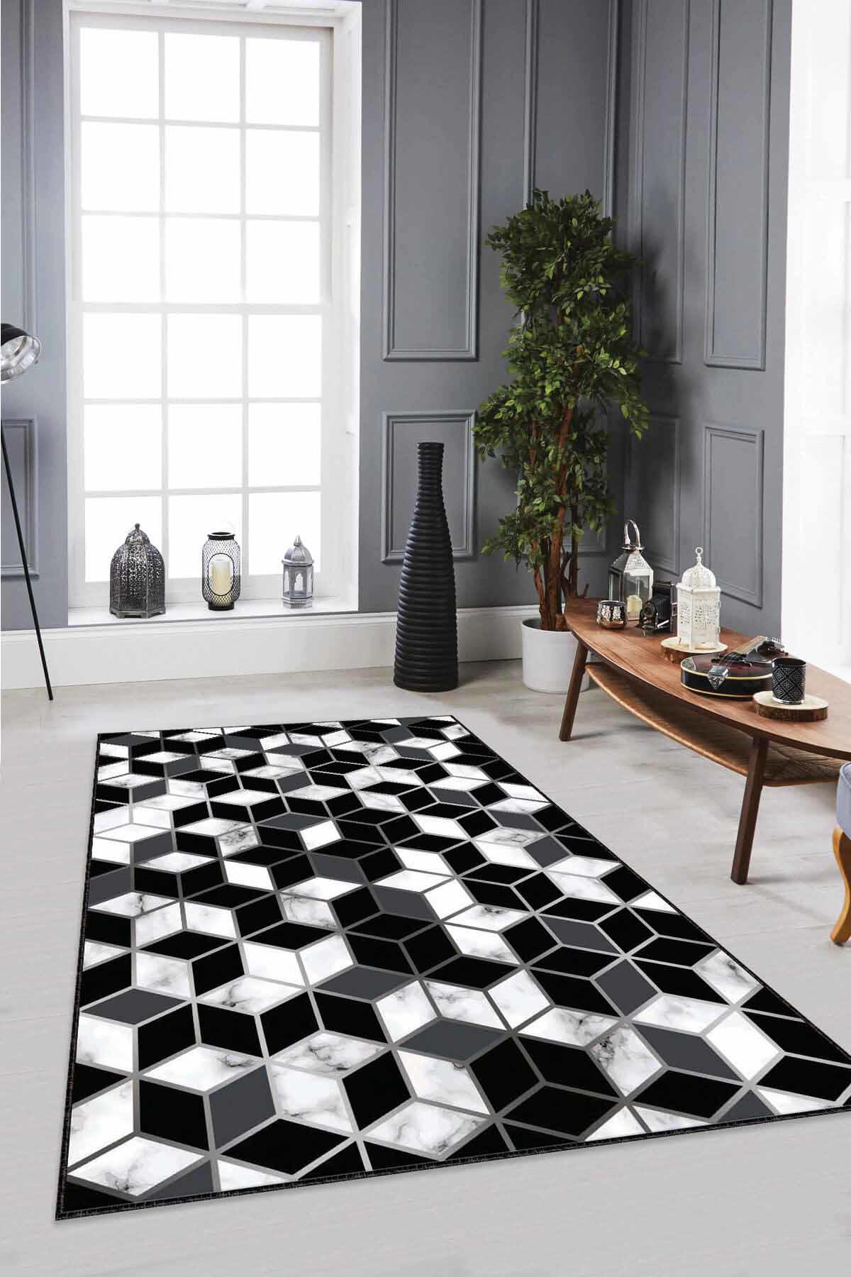 Viva Home RV152 Beyaz - Siyah 7 mm Mikropolyester Antibakteriyel Yıkanabilir Kalın Kaymaz Lateks Taban Dikdörtgen Makine Dokuma Salon Halısı
