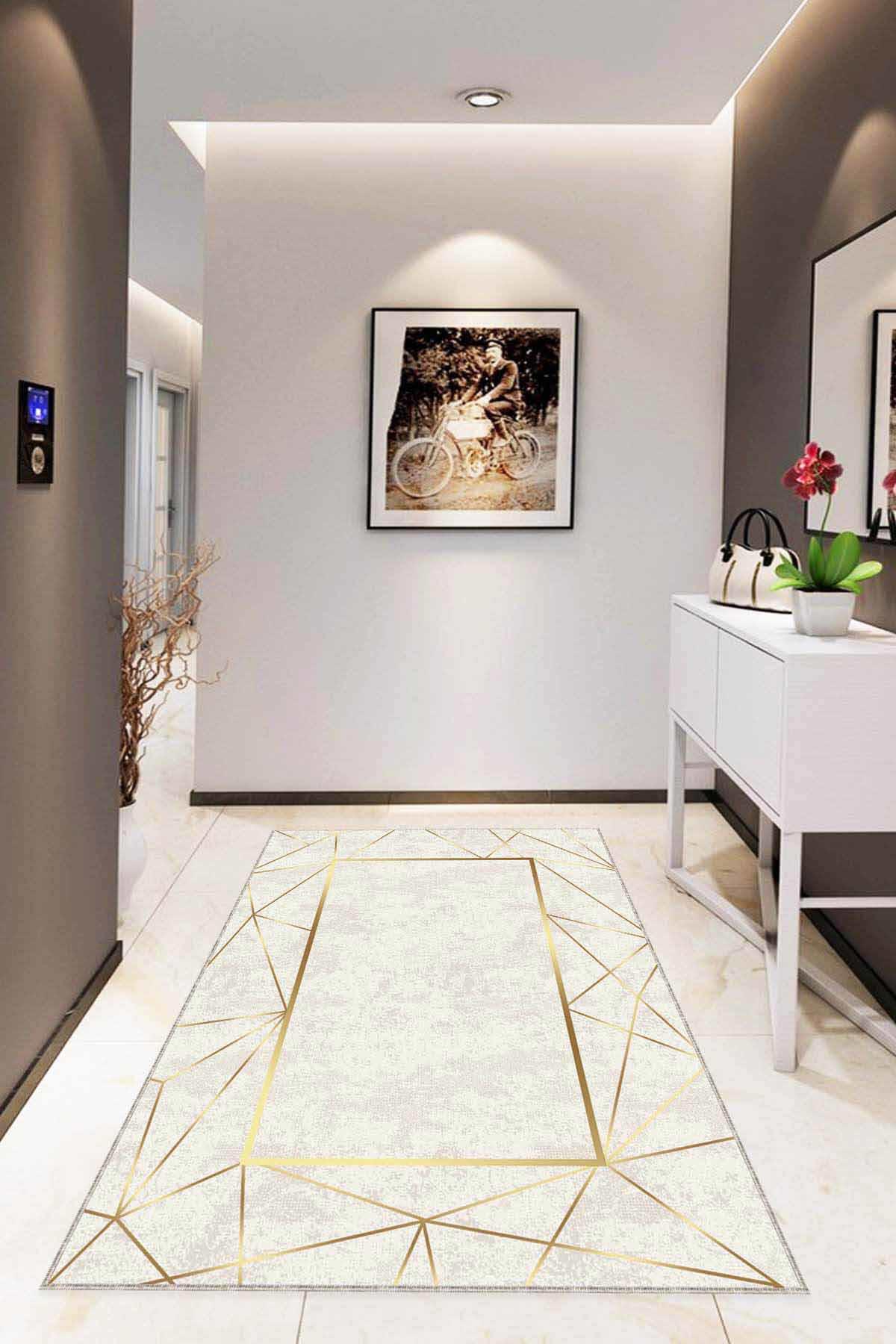 Viva Home RV010 Altın - Krem 7 mm Mikropolyester Leke tutmaz Yıkanabilir İnce Kaymaz Dot Taban Dikdörtgen Makine Dokuma Salon Halısı 160x230 cm