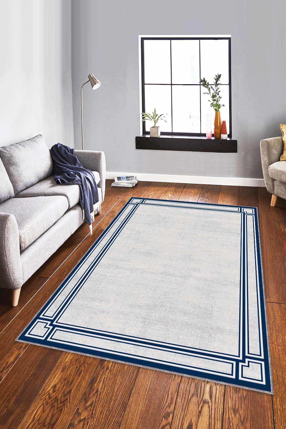 Viva Home RV054 Lacivert 7 mm Mikropolyester Leke tutmaz Yıkanabilir İnce Kaymaz Dikdörtgen Makine Dokuma Salon Halısı 160x230 cm