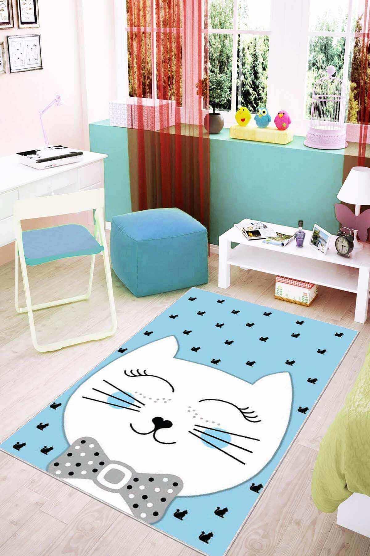 Viva Home KD08 Mavi 7 mm Mikropolyester Leke tutmaz Yıkanabilir İnce Kaymaz Dot Taban Dikdörtgen Makine Dokuma Çocuk Odası Halısı 100x200 cm