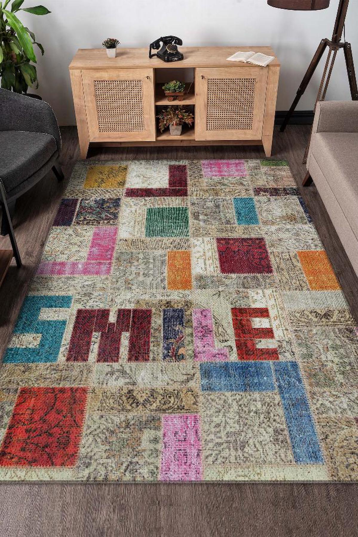 Homshtag Gülümse Krem 4 mm Pamuk Antistatik Yıkanabilir İnce Kaymaz Dikdörtgen Makine Dokuma Salon Halısı 140x200 cm