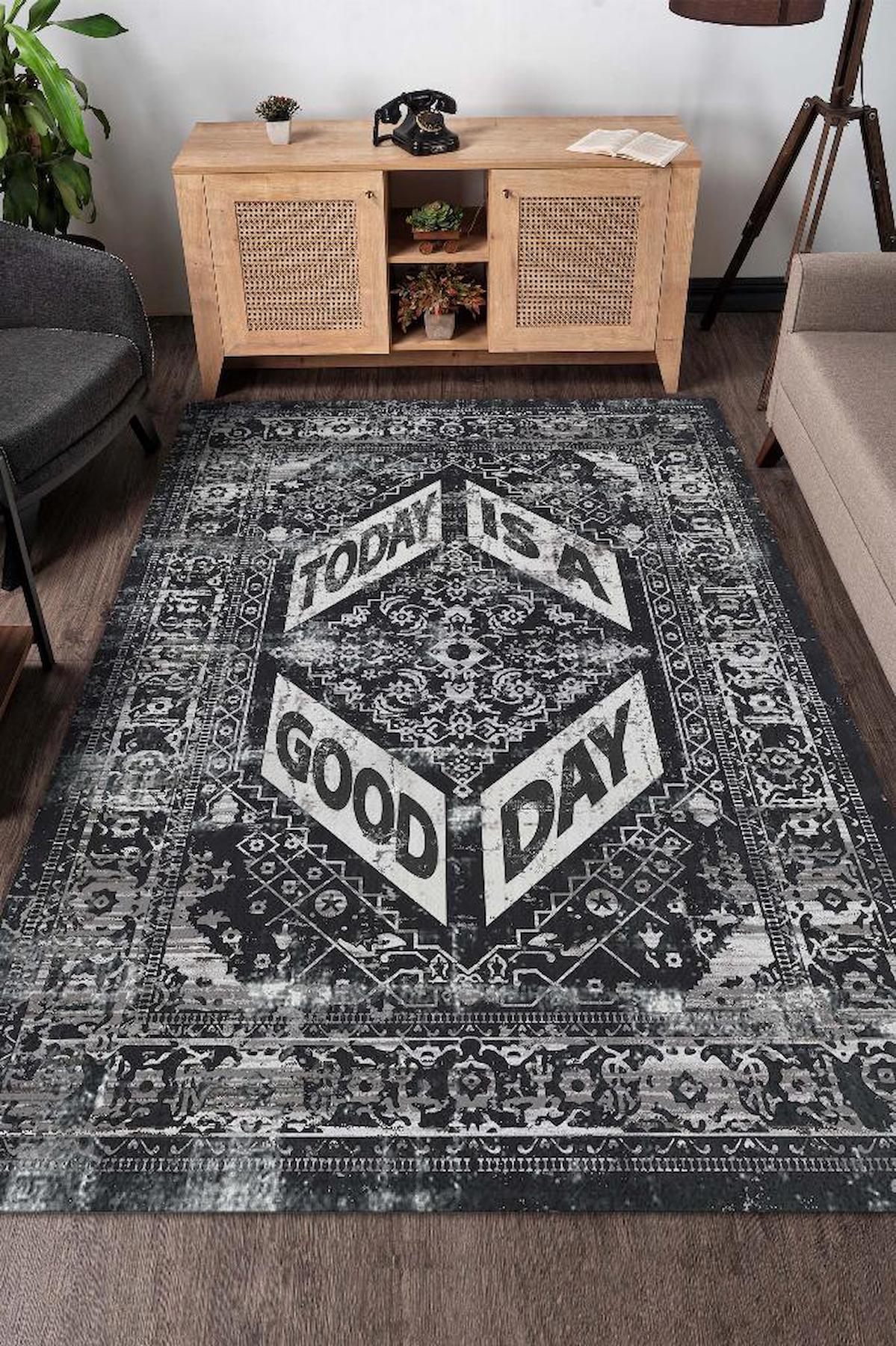 Homshtag Bu Gün Güzel Bir Gün Gri-Siyah 4 mm Pamuk Antistatik Yıkanabilir İnce Kaymaz Dikdörtgen Makine Dokuma Salon Halısı 80x150 cm