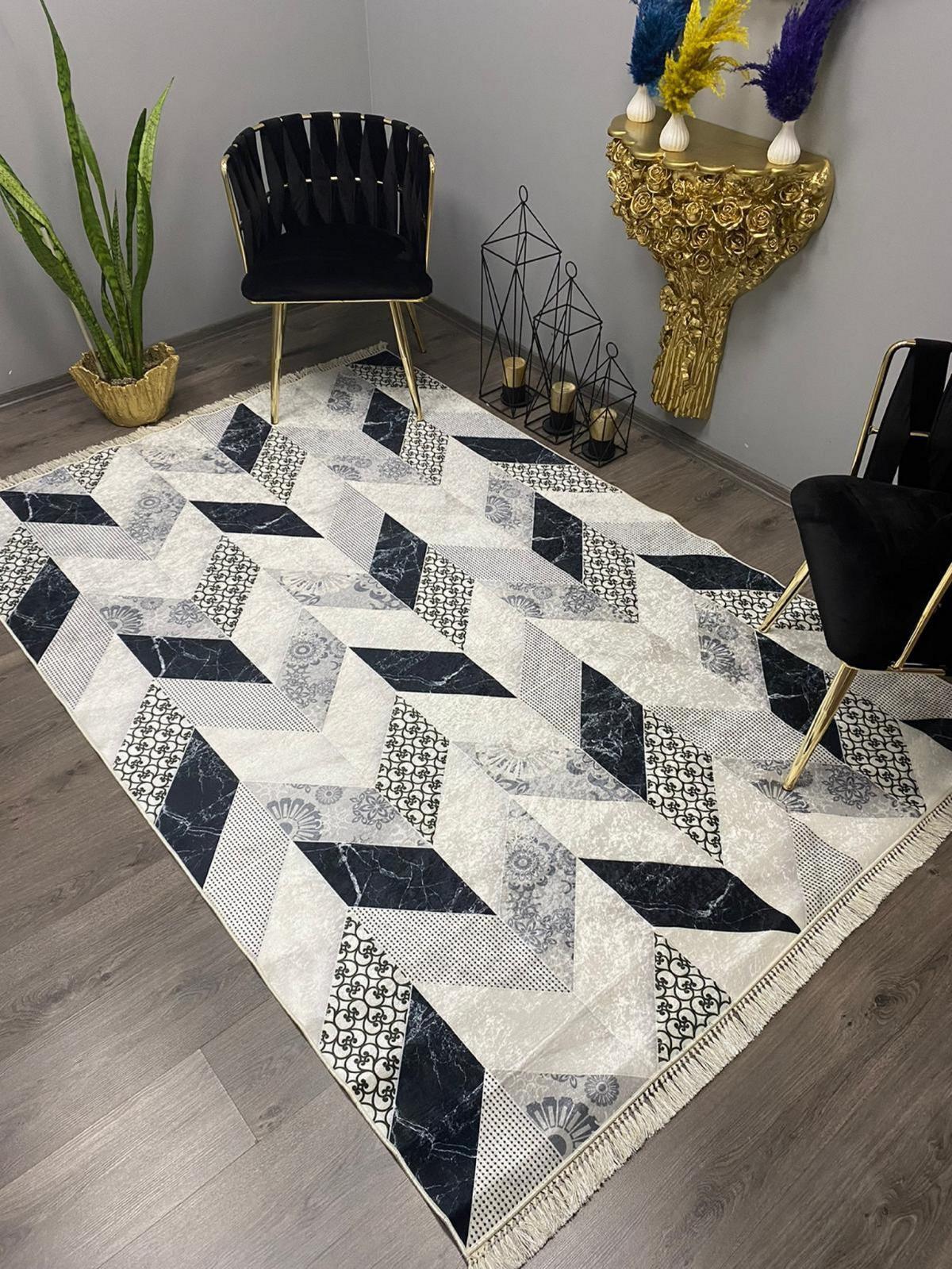 Halı Furyası Beyaz - Siyah 12 mm Akrilik Yıkanabilir Kalın Kaymaz Geometrik Dikdörtgen Makine Dokuma Salon Halısı 200x290 cm