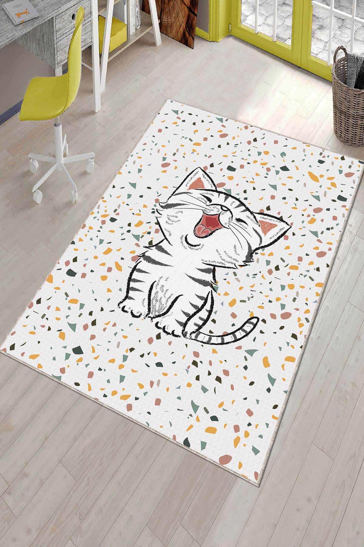 Viva Home AR1013 Ekru 7 mm Mikropolyester Silinebilir Yıkanabilir Orta Kaymaz Figürlü Dikdörtgen Makine Dokuma Çocuk Odası Halısı 80x200 cm