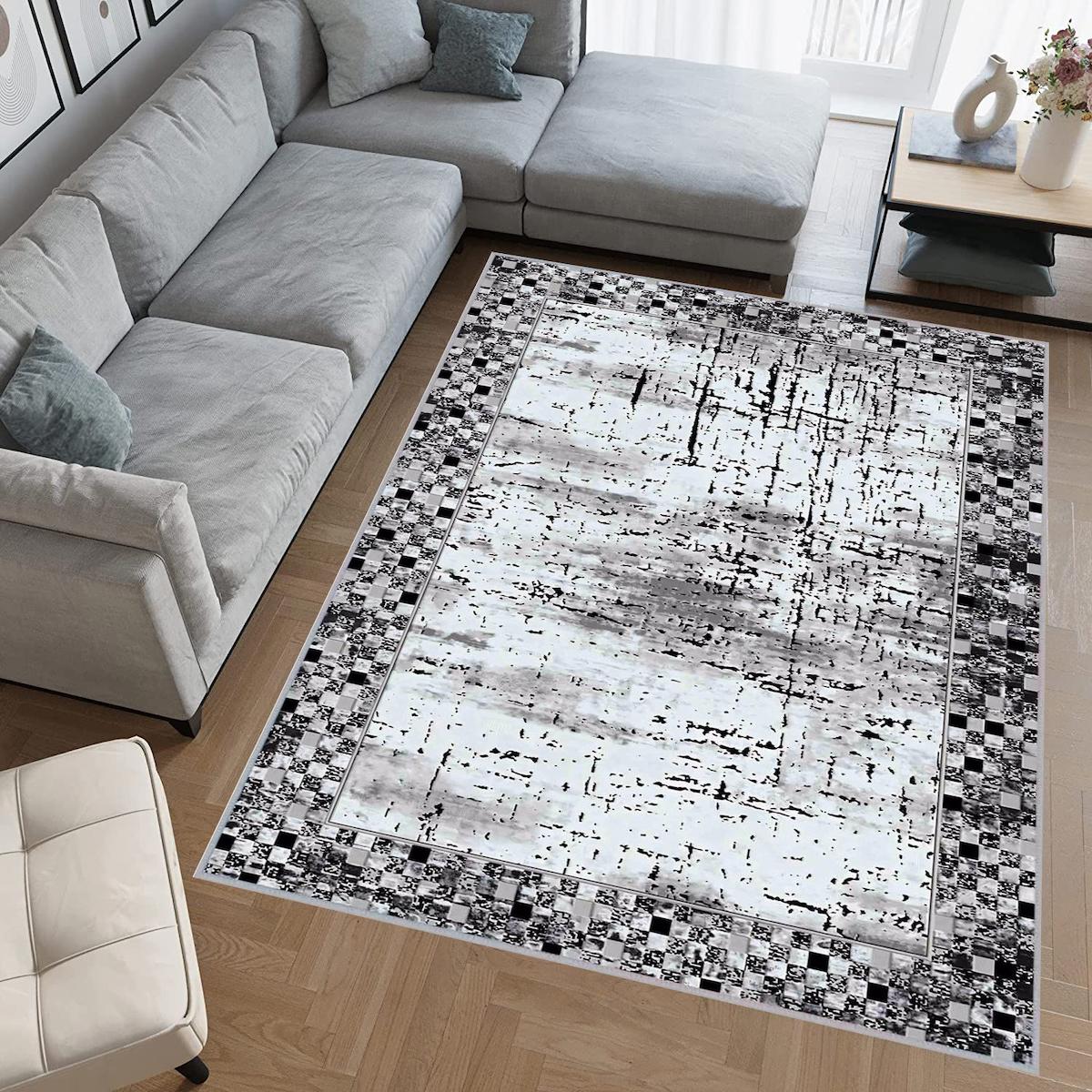 Rovigo Home RVG0705 Gri 8 mm Polyester Antibakteriyel-Leke Tutmaz-Toz Tutmaz Yıkanabilir İnce Kaymaz Dot Taban Dikdörtgen Makine Dokuma Salon Halısı 160x230 cm
