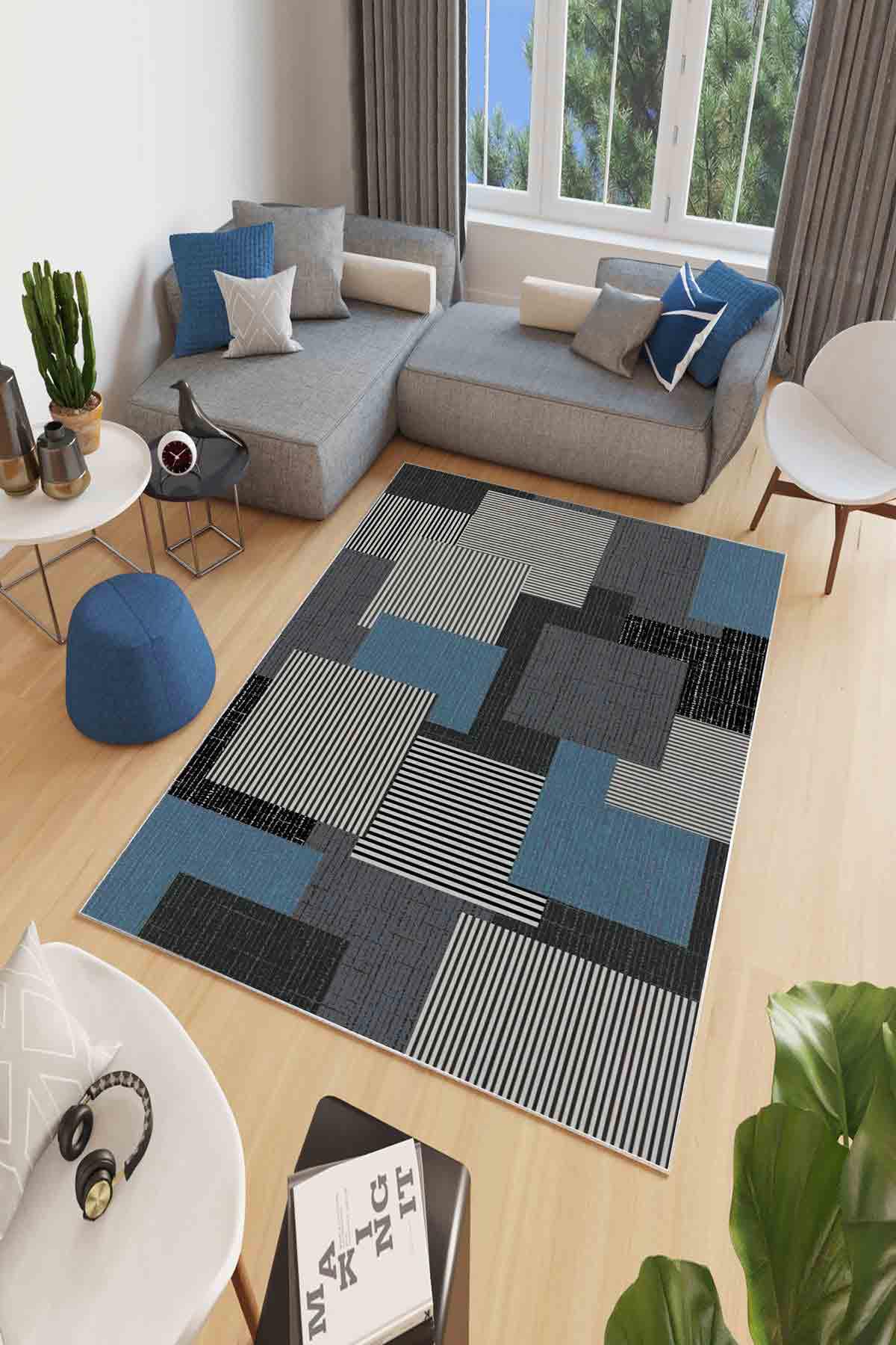 Homefesto Krem 5 mm Polyester Leke Tutmaz Yıkanabilir İnce Kaymaz Taban Geometrik Dikdörtgen Makine Dokuma Salon Halısı 80x200 cm