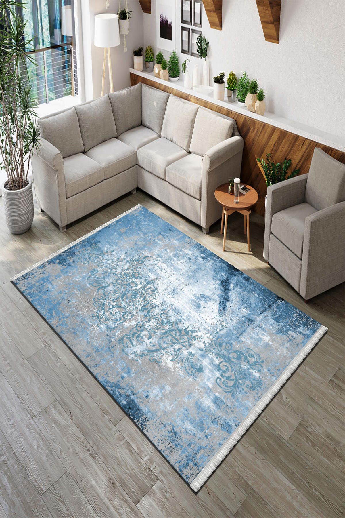 Roslyn Home Mavi 6 mm Polyester Antibakteriyel Yıkanabilir İnce Kaymaz Dot Taban Dikdörtgen Makine Dokuma Salon Halısı 140x200 cm