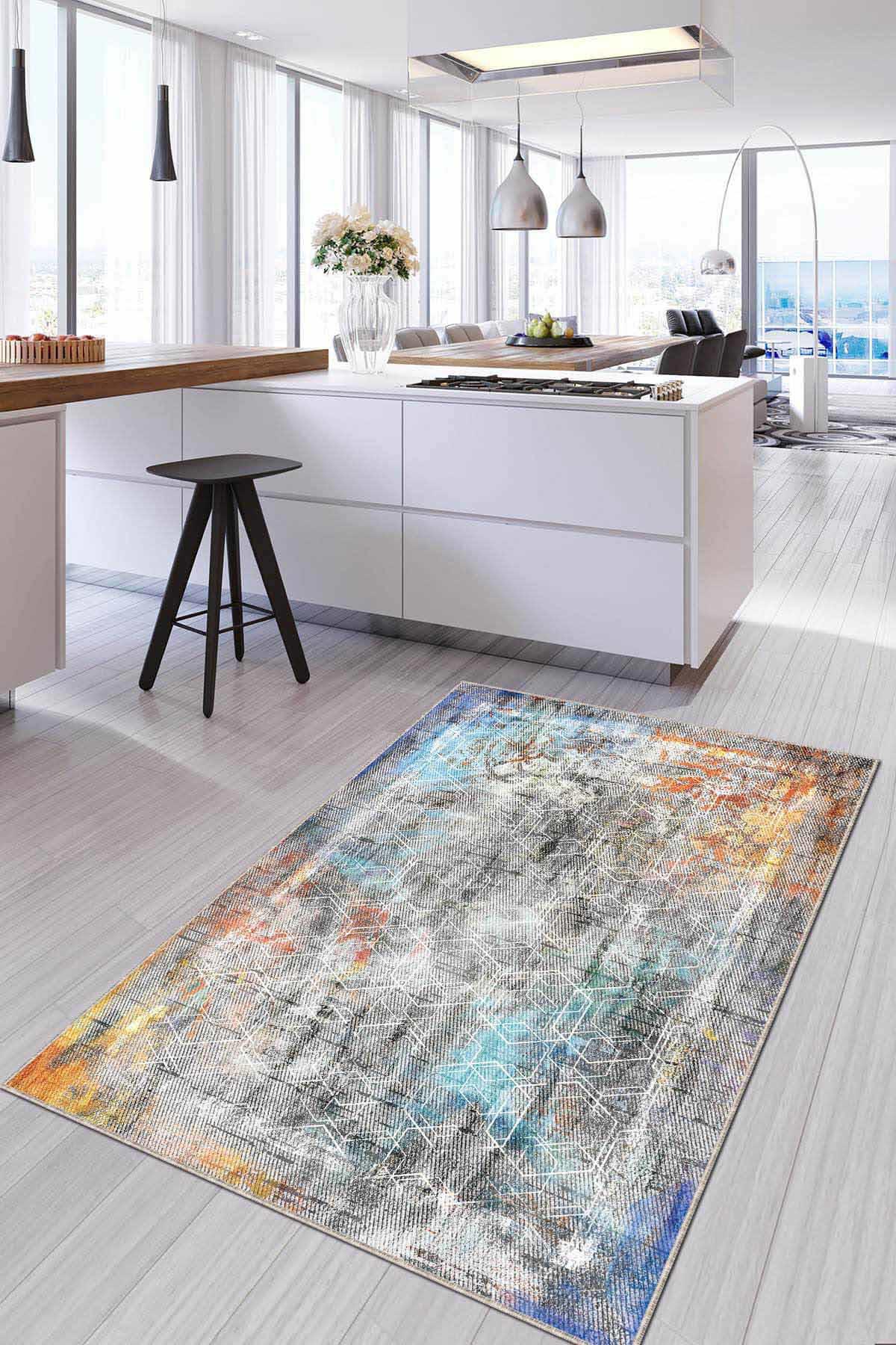 Viva Home AR1043 Mavi 7 mm Mikropolyester Leke tutmaz Yıkanabilir İnce Kaymaz Dot Taban Dikdörtgen Makine Dokuma Çocuk Odası Halısı 160x230 cm