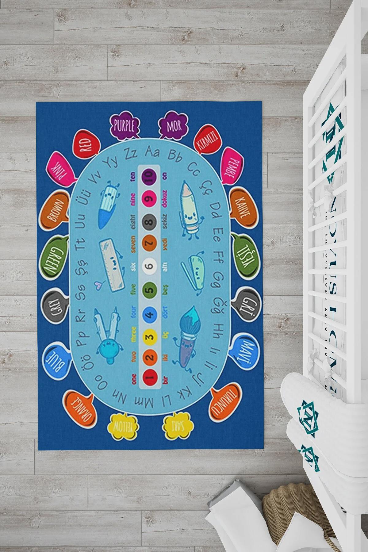 Novus Home Punto Serisi Mavi 7 mm Polyester Antibakteriyel-Toz Tutmaz-Yalıtıma Yardımcı Yıkanabilir İnce Kaymaz Taban Dikdörtgen Makine Dokuma Çocuk Odası Halısı 80x150 cm