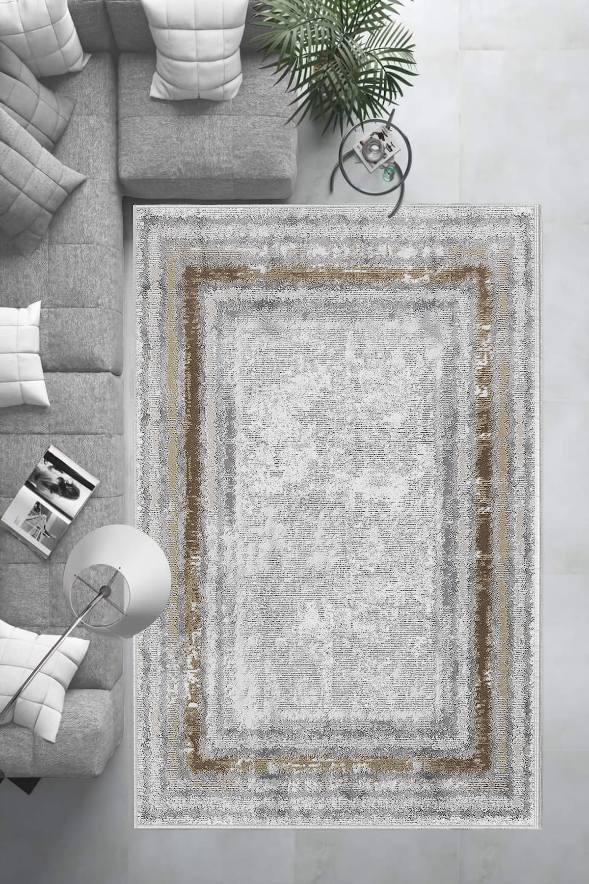 Aldora Altın-Gri 0.8 mm Polipropilen Yıkanabilir Orta Kaymaz Deri Taban Dikdörtgen Makine Dokuma Salon Halısı 100x200 cm