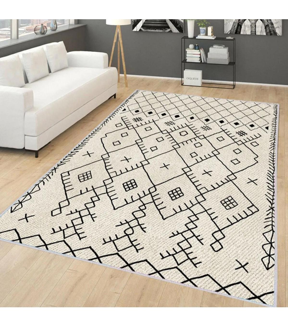 Rovigo Home RVG0169-SD555 Krem-Siyah 8 mm Polyester Yıkanabilir Orta Kaymaz Dot Taban Dikdörtgen Makine Dokuma Salon Halısı 100x150 cm