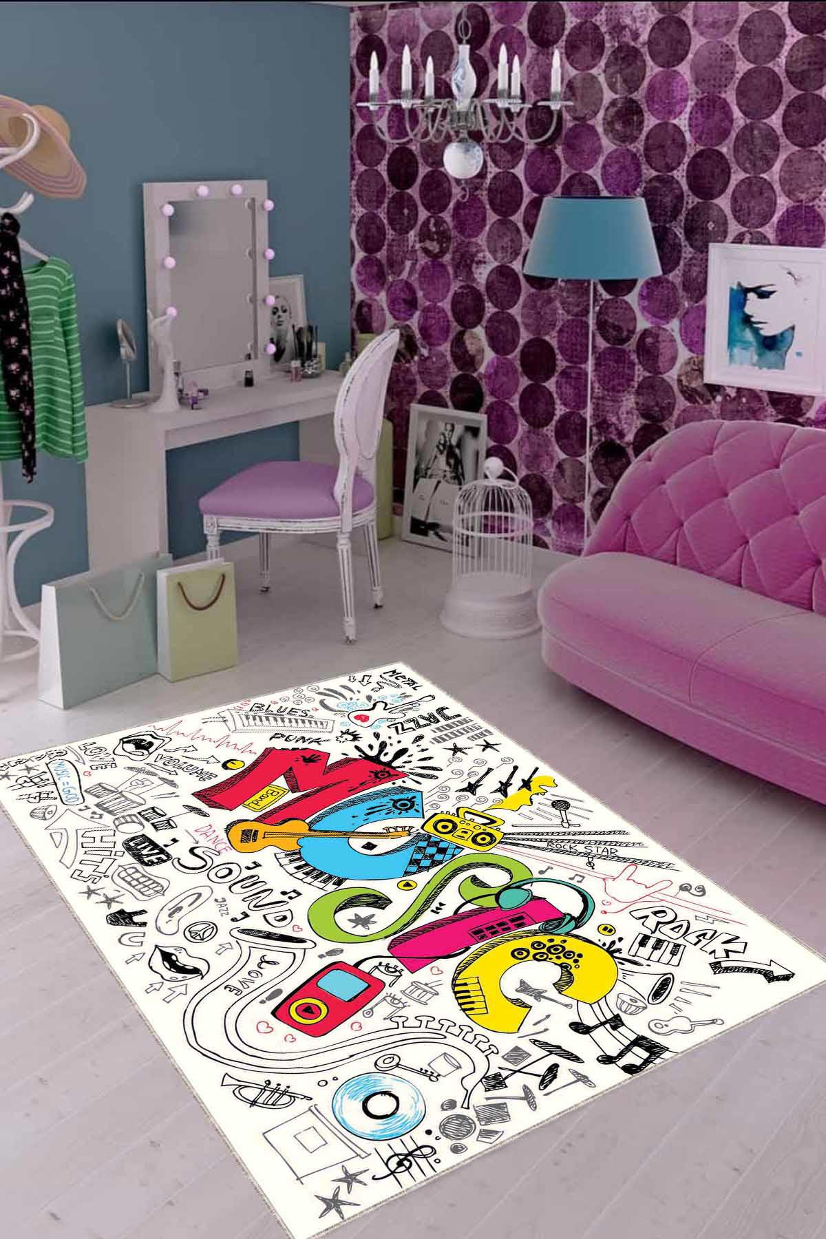 Viva Home KD110 Krem 7 mm Mikropolyester Leke Tutmaz Yıkanabilir Orta Kaymaz Dot Taban Dikdörtgen Makine Dokuma Çocuk Odası Halısı 130x190 cm