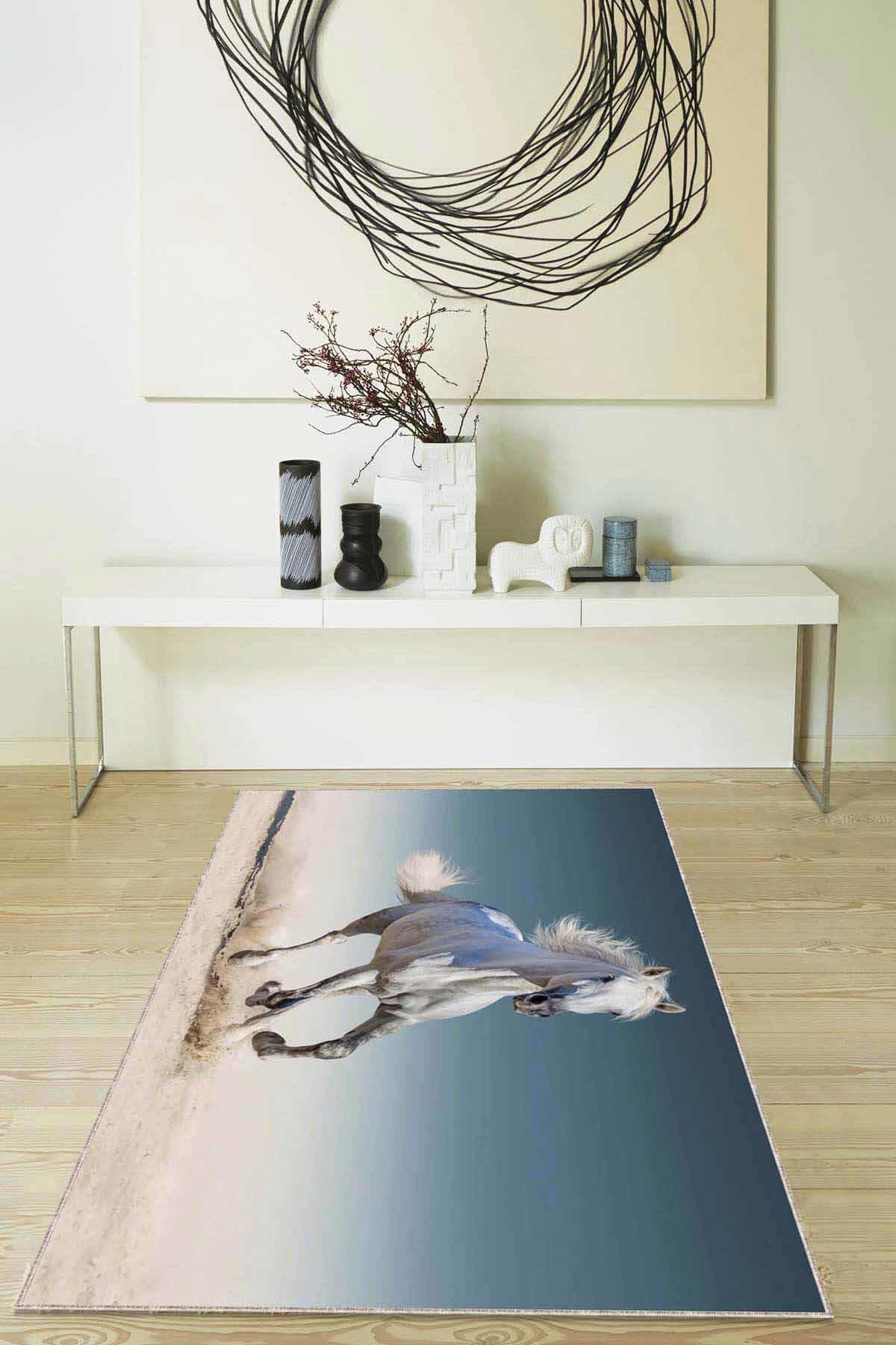 Viva Home RV319 Mavi 7 mm Mikropolyester Antibakteriyel Yıkanabilir İnce Kaymaz Dikdörtgen Makine Dokuma Salon Halısı 120x180 cm