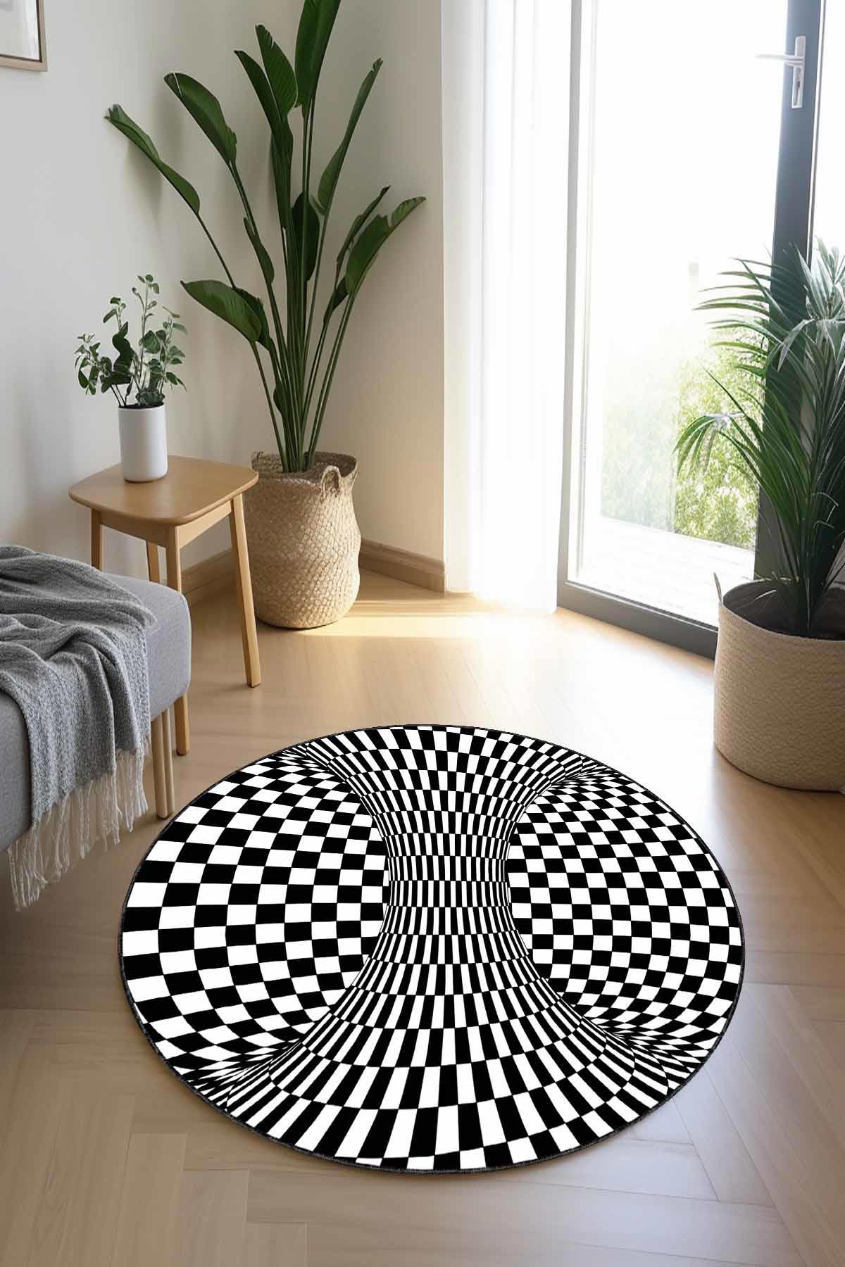 Viva Home ILI006 Beyaz - Siyah 7 mm Mikropolyester Antibakteriyel Yıkanabilir Kalın Kaymaz Lateks Taban Yuvarlak Makine Dokuma Salon Halısı 200x290 cm