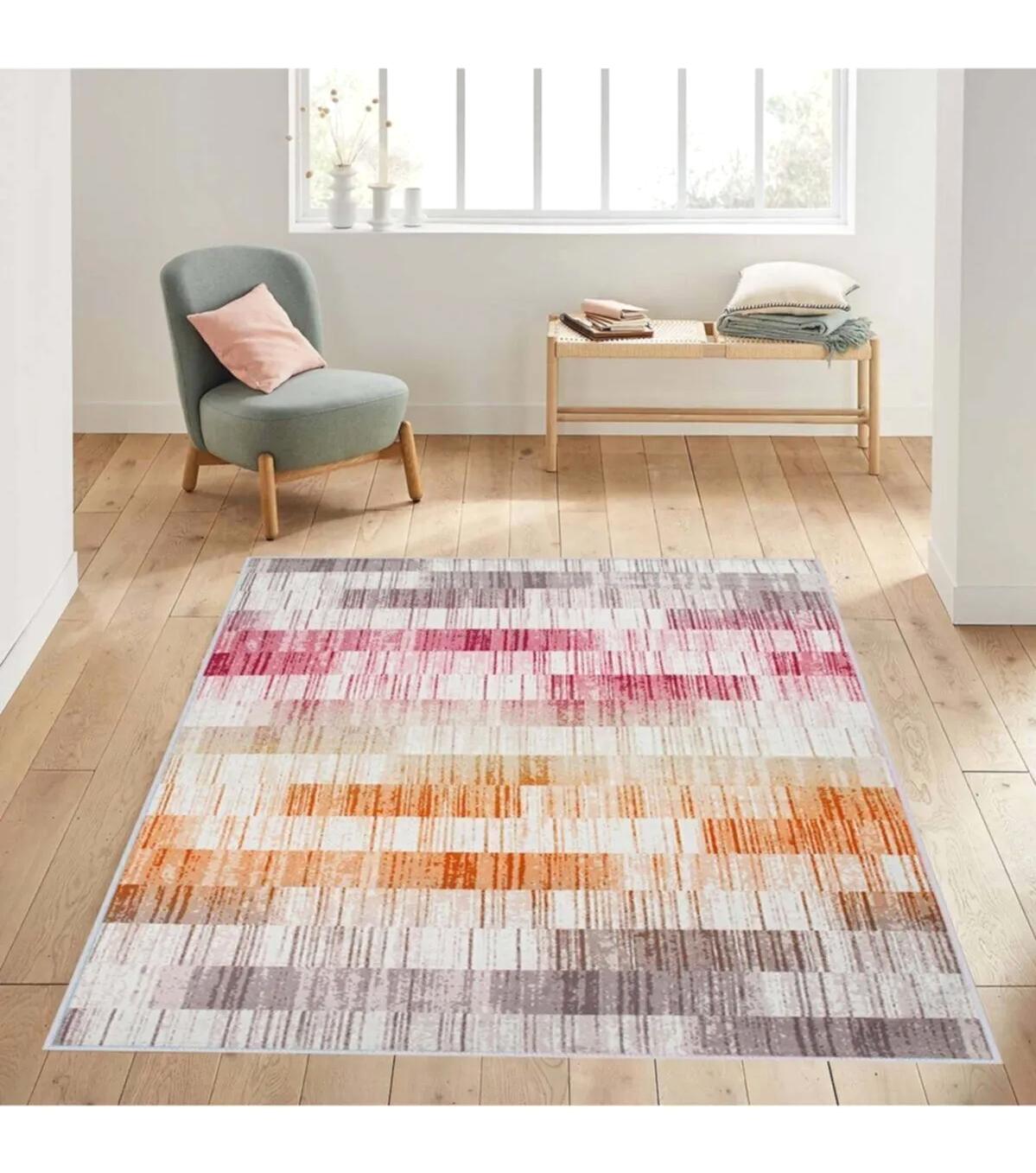 Rovigo Home RVG1431 Çok Renkli 8 mm Polyester Leke Tutmaz-Toz Tutmaz Yıkanabilir İnce Kaymaz Dot Taban Dikdörtgen Makine Dokuma Salon Halısı 140x200 cm