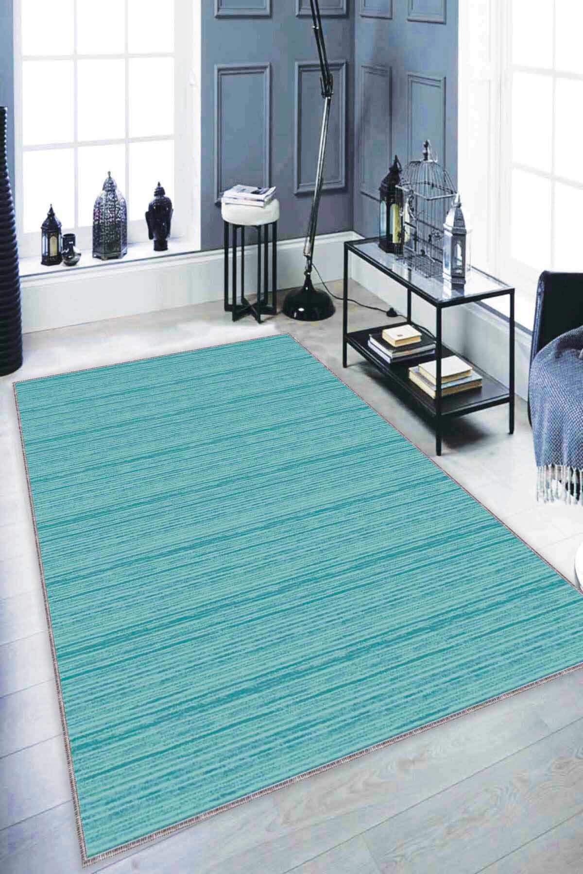 Viva Home ST09 Turkuaz 7 mm Mikropolyester Koku Yapmaz-Leke Tutmaz-Toz Tutmaz Yıkanabilir İnce Kaymaz Dot Taban Dikdörtgen Makine Dokuma Antre-Oturma Odası-Salon-Yatak Odası Halısı 120x300 cm
