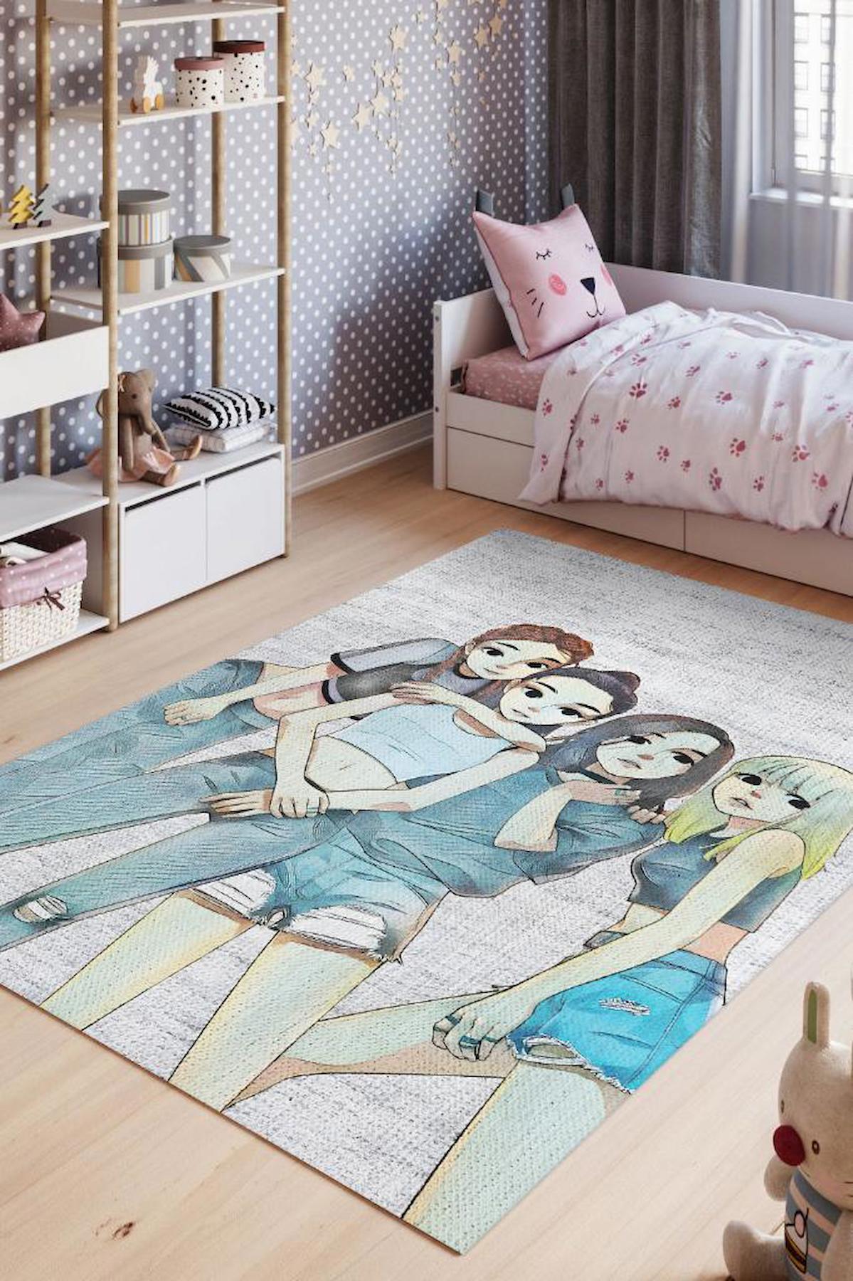 Homshtag Black Pink Krem 4 mm Pamuk Antistatik Yıkanabilir İnce Kaymaz Dikdörtgen Makine Dokuma Çocuk Odası Halısı 120x180 cm