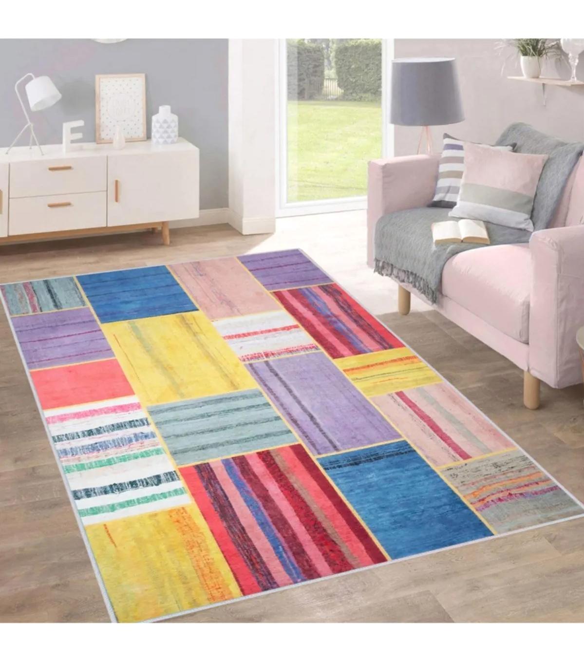 Rovigo Home RVG1714 Çok Renkli 8 mm Polyester Antibakteriyel-Leke Tutmaz-Toz Tutmaz Yıkanabilir İnce Kaymaz Dot Taban Dikdörtgen Makine Dokuma Salon Halısı 100x150 cm