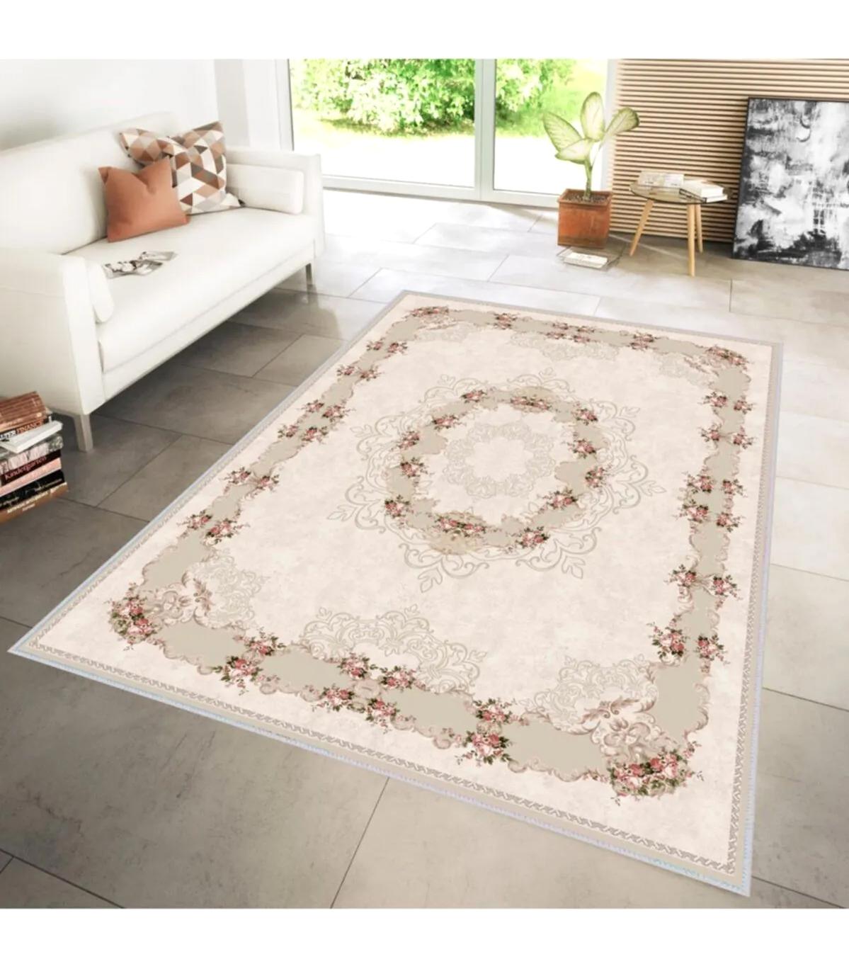 Rovigo Home RVG1255 Krem 8 mm Polyester Antibakteriyel-Leke Tutmaz-Toz Tutmaz Yıkanabilir İnce Kaymaz Dot Taban Dikdörtgen Makine Dokuma Salon Halısı 100x200 cm
