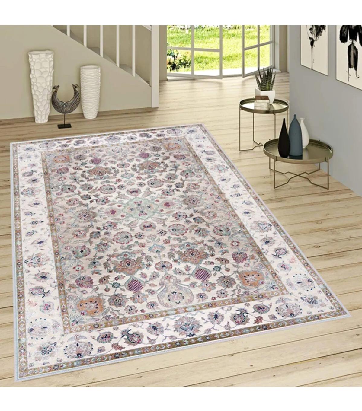 Rovigo Home RVG1480 Krem 8 mm Polyester Leke Tutmaz-Toz Tutmaz Yıkanabilir İnce Kaymaz Dot Taban Dikdörtgen Makine Dokuma Salon Halısı 120x120 cm