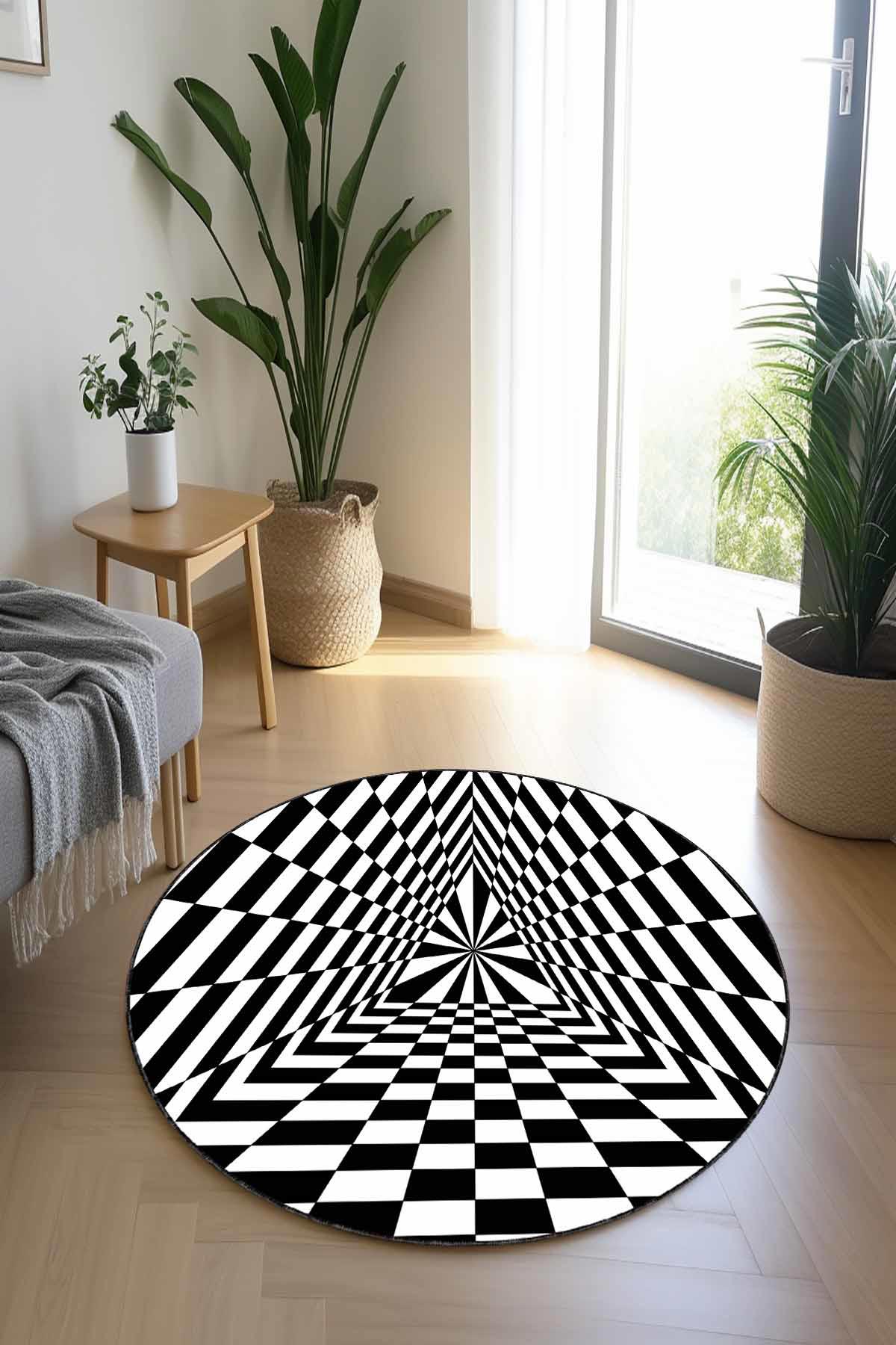 Viva Home ILI009 Beyaz - Siyah 7 mm Mikropolyester Antibakteriyel Yıkanabilir Kalın Kaymaz Lateks Taban Yuvarlak Makine Dokuma Salon Halısı 200x290 cm
