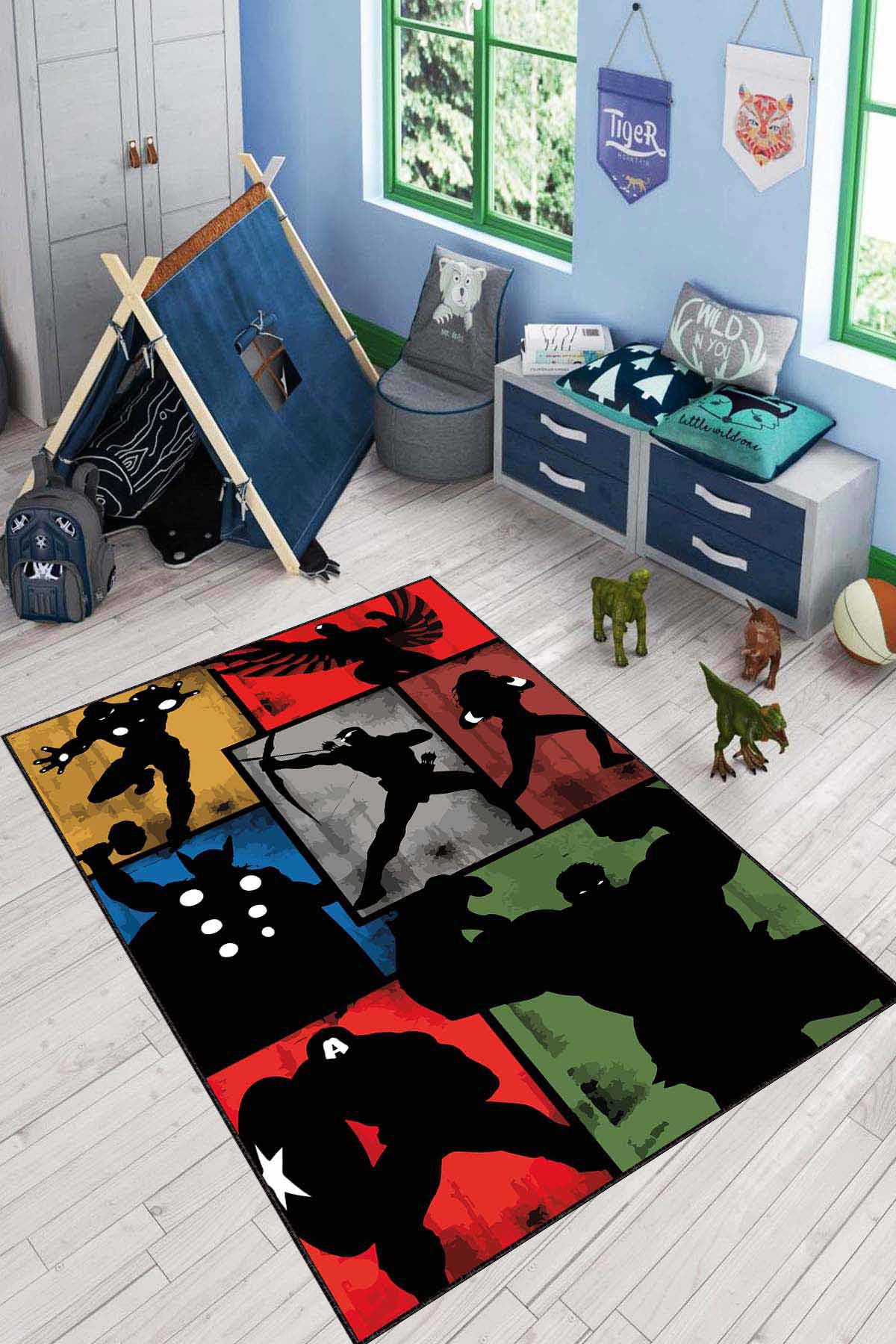Viva Home AR1176 Kırmızı 7 mm Mikropolyester Antibakteriyel Yıkanabilir İnce Kaymaz Taban Süper Kahraman Temalı Dikdörtgen Makine Dokuma Çocuk Odası Halısı 120x180 cm