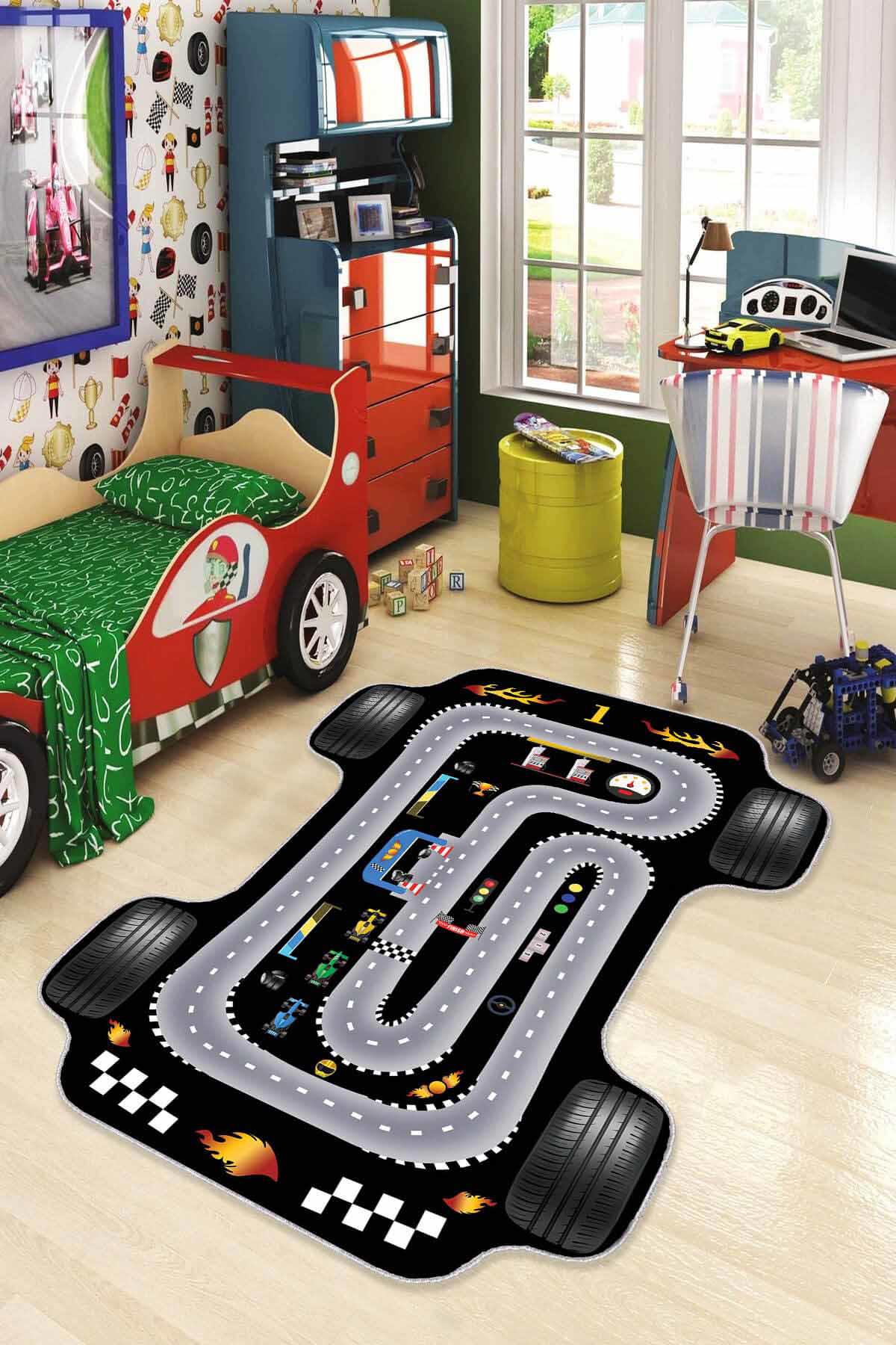 Viva Home AR1106 Siyah 7 mm Mikropolyester Antibakteriyel Yıkanabilir İnce Kaymaz Lateks Taban Dikdörtgen Makine Dokuma Çocuk Odası Halısı 100x200 cm