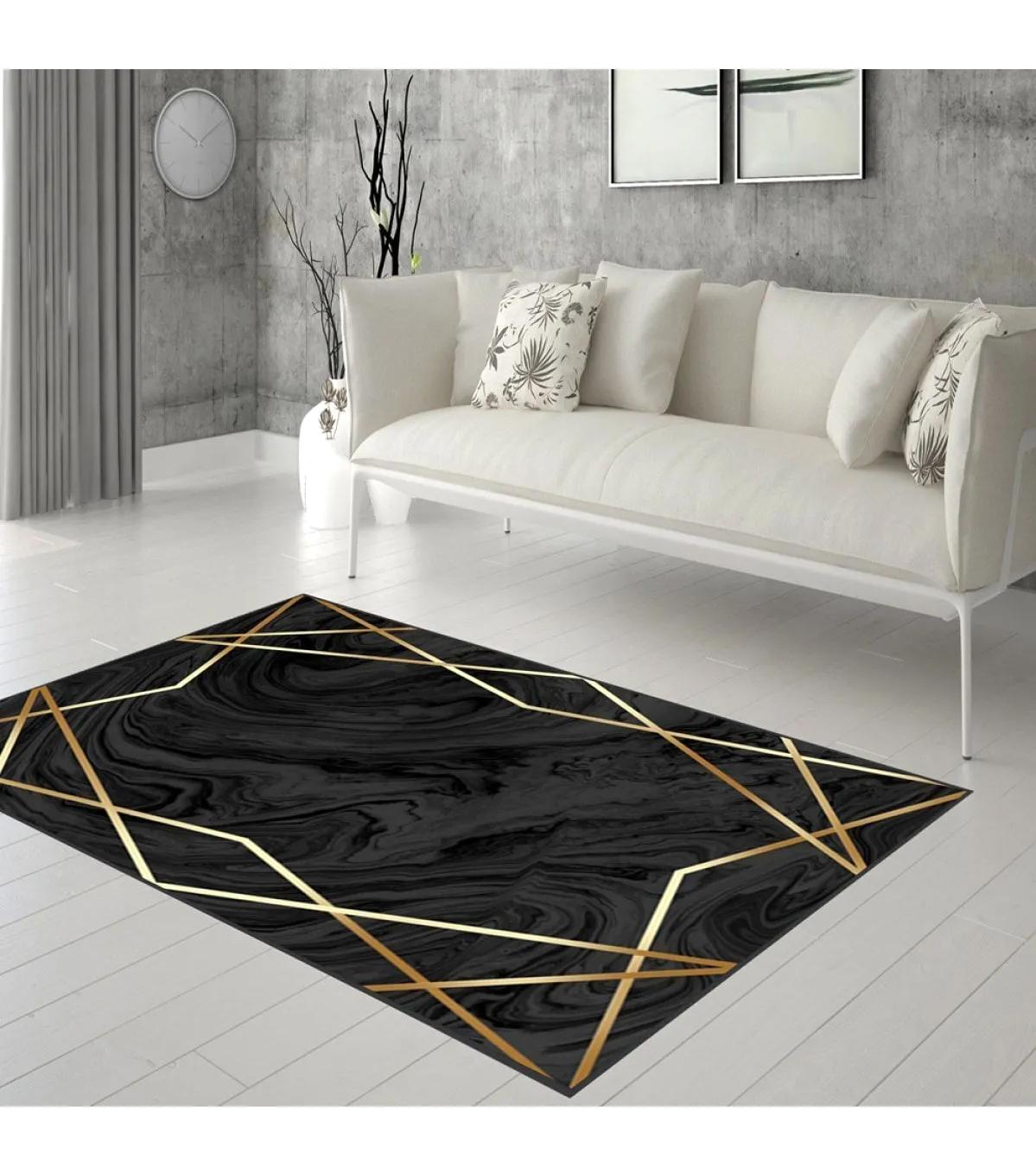 Rovigo Home RVG0286-HT1098 Altın-Siyah 8 mm Polyester Antibakteriyel-Leke Tutmaz-Toz Tutmaz Yıkanabilir İnce Kaymaz Dot Taban Dikdörtgen Makine Dokuma Salon Halısı 140x300 cm