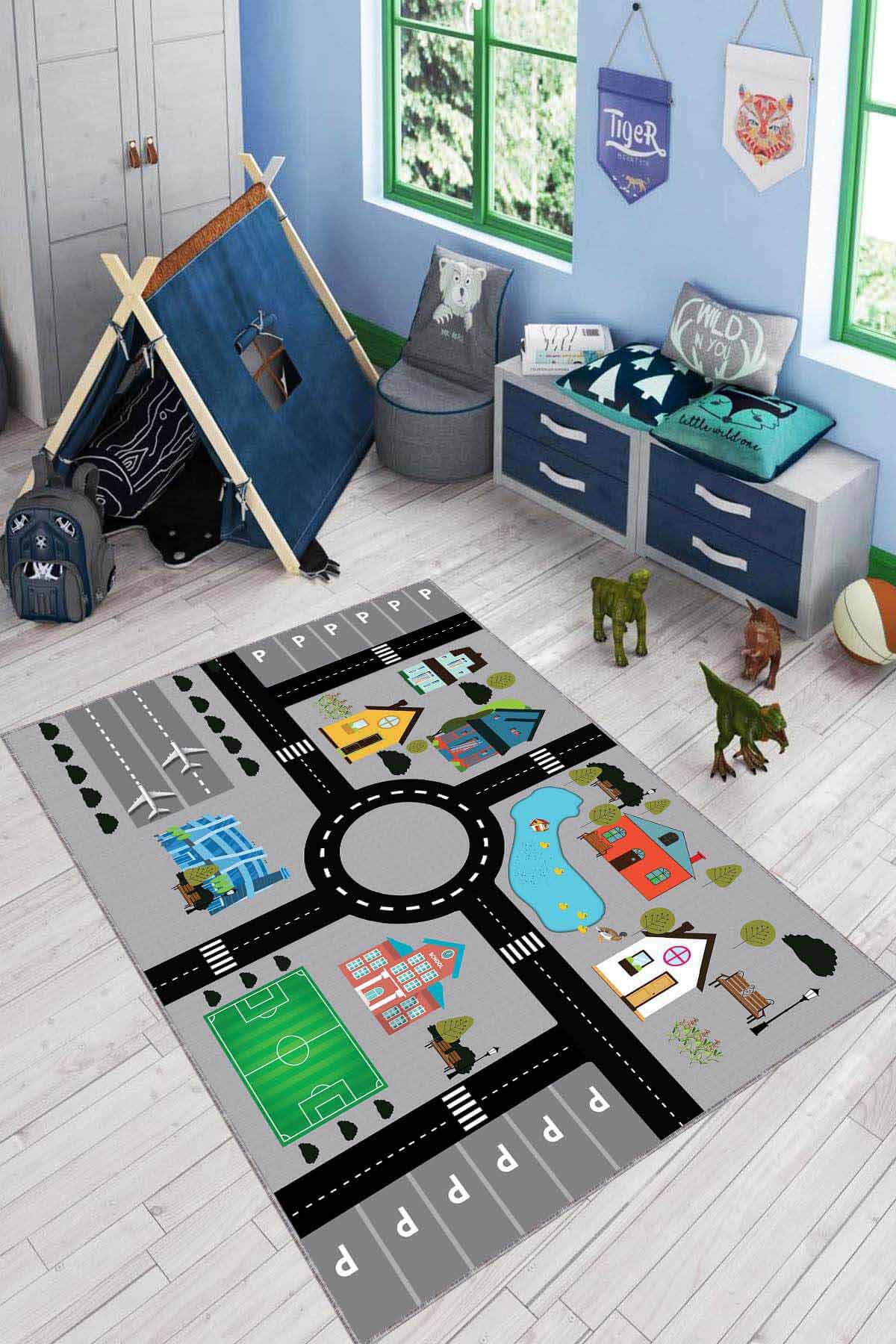 Viva Home AR1122 Gri 7 mm Mikropolyester Toz Tutmaz Yıkanabilir İnce Kaymaz Dot Taban Dikdörtgen Makine Dokuma Çocuk Odası Halısı 160x230 cm