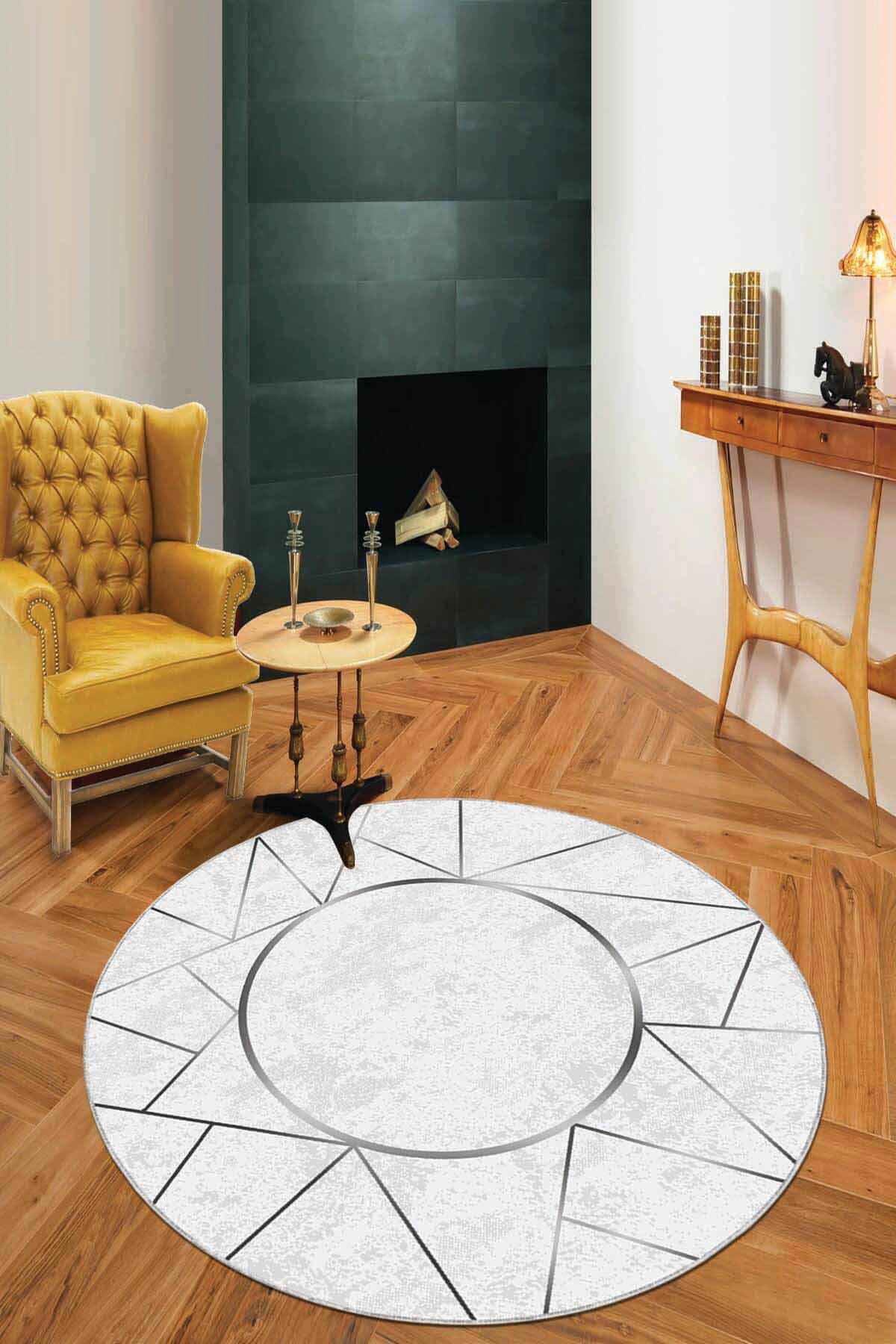 Viva Home AR397 Gri 7 mm Mikropolyester Toz Tutmaz Yıkanabilir İnce Kaymaz Dot Taban Yuvarlak Makine Dokuma Salon Halısı 120x120 cm