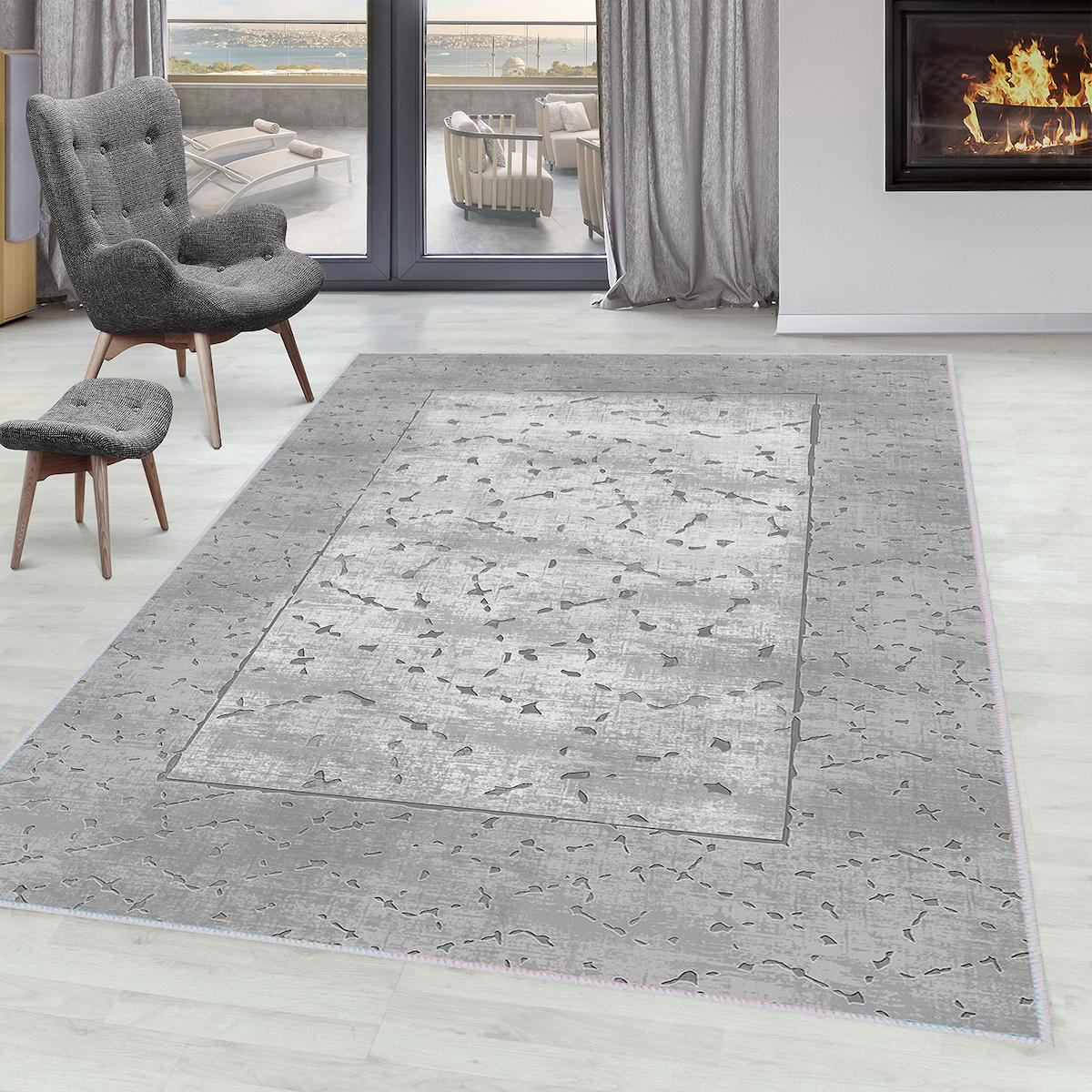 Rovigo Home RVG1602 Gri 8 mm Polyester Leke Tutmaz-Toz Tutmaz Yıkanabilir İnce Kaymaz Dot Taban Dikdörtgen Makine Dokuma Salon Halısı 160x230 cm
