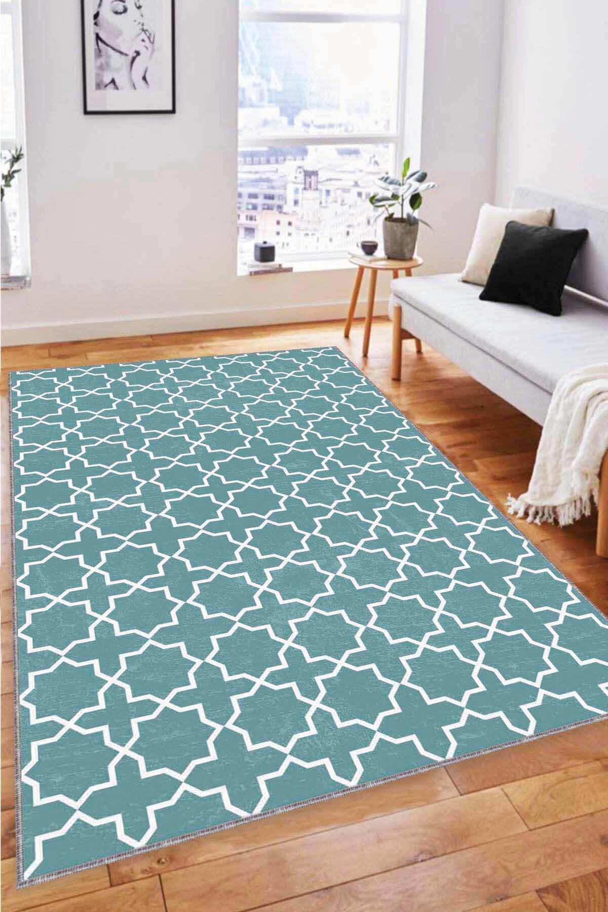 Viva Home MO07 Beyaz-Turkuaz 7 mm Mikropolyester Koku Yapmaz-Leke Tutmaz-Toz Tutmaz Yıkanabilir İnce Kaymaz Dot Taban Dikdörtgen Makine Dokuma Antre-Oturma Odası-Salon-Yatak Odası Halısı 120x400 cm