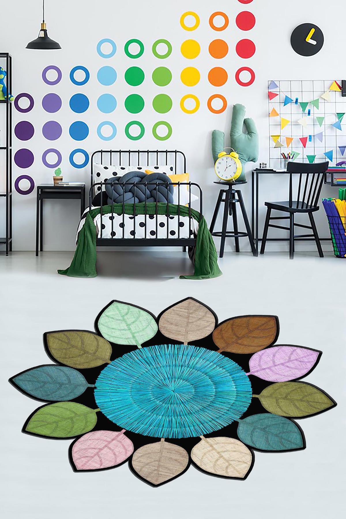 Homefesto Krem 5 mm Polyester Leke Tutmaz Yıkanabilir İnce Kaymaz Taban Çiçek Desenli Yuvarlak Makine Dokuma Genç Odası Halısı 140x200 cm