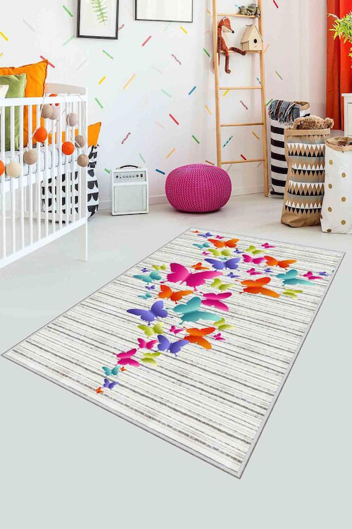 Homefesto Krem 5 mm Polyester Leke Tutmaz Yıkanabilir İnce Kaymaz Taban Hayvan Desenli Dikdörtgen Makine Dokuma Çocuk Odası Halısı 240x340 cm