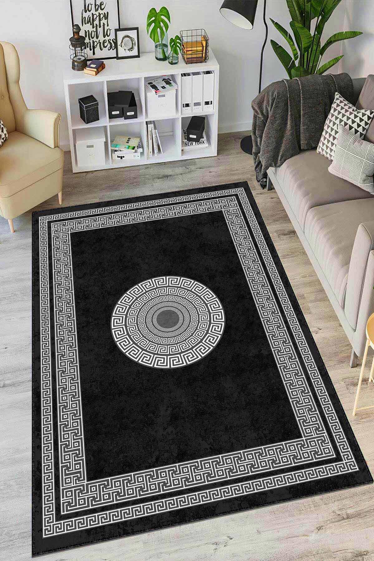 Viva Home AR839 Siyah 7 mm Mikropolyester Antibakteriyel Yıkanabilir Kalın Kaymaz Lateks Taban Dikdörtgen Makine Dokuma Salon Halısı 100x200 cm