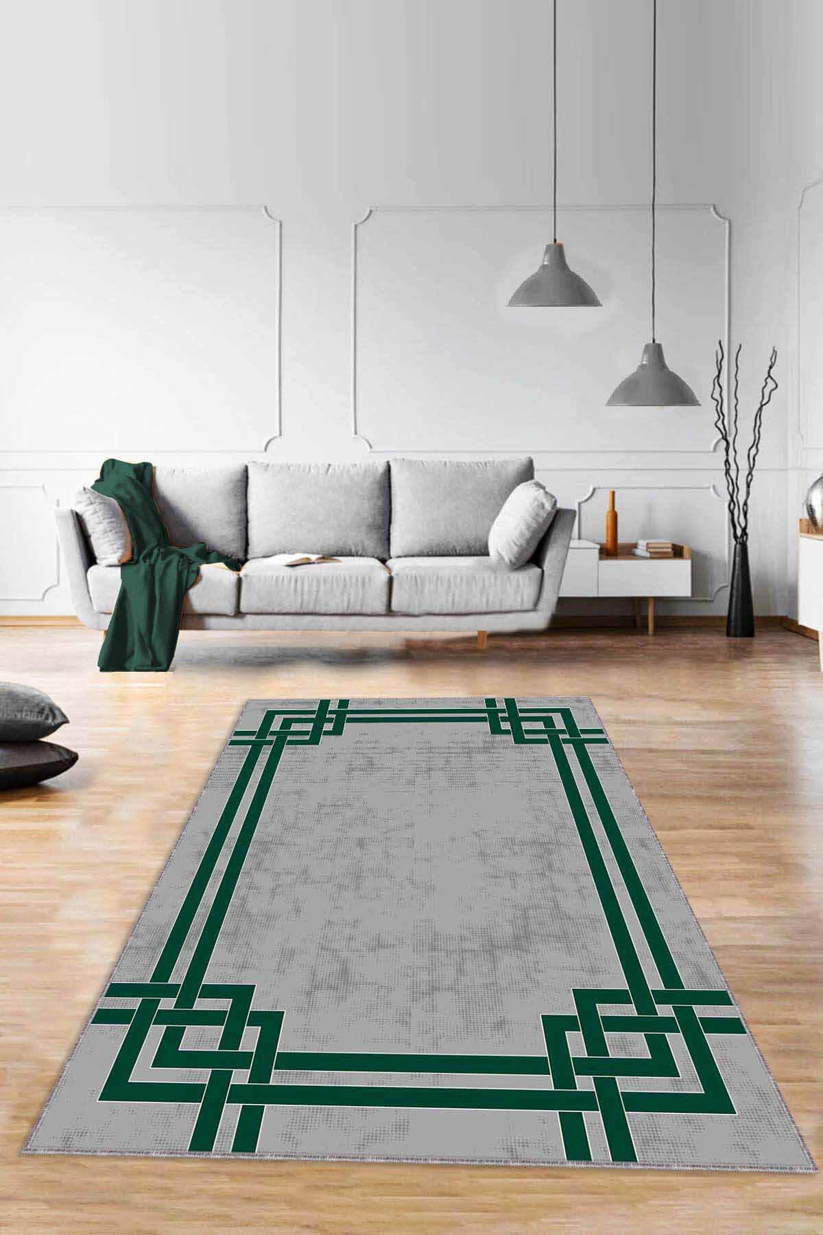 Viva Home RV072 Yeşil 7 mm Mikropolyester Yalıtıma Yardımcı Yıkanabilir İnce Kaymaz Taban Dikdörtgen Makine Dokuma Antre-Salon-Yatak Odası Halısı 180x280 cm