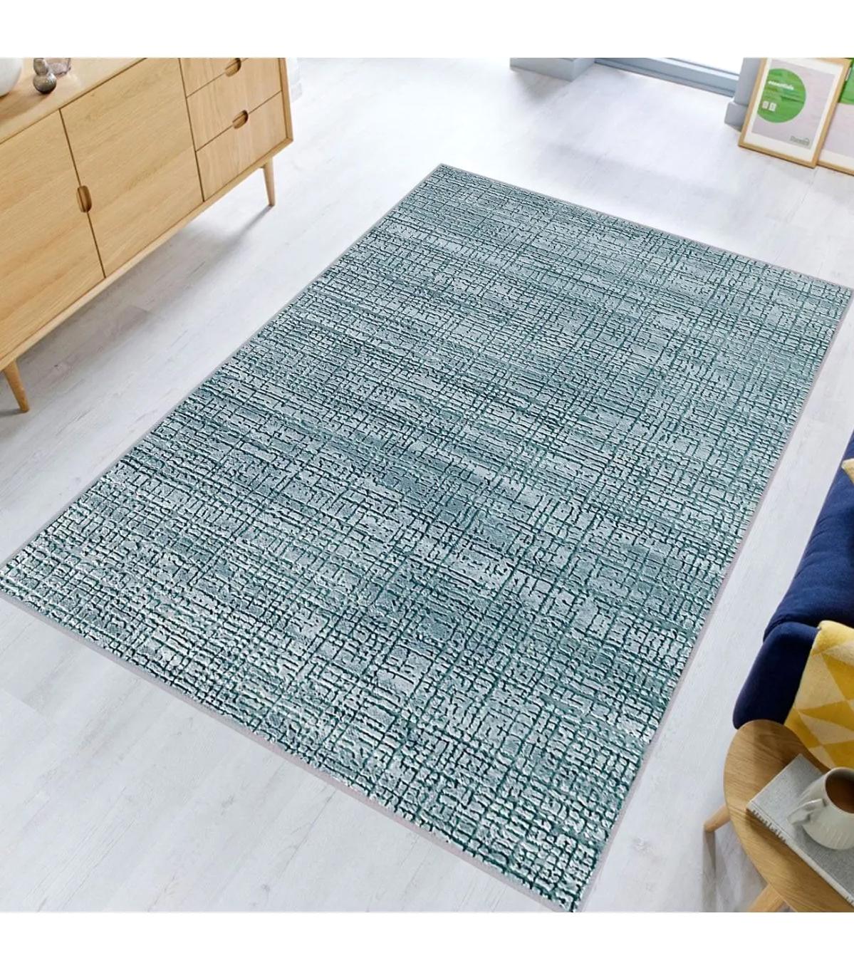 Rovigo Home RVG0632 Mavi 8 mm Polyester Antibakteriyel-Leke Tutmaz-Toz Tutmaz Yıkanabilir İnce Kaymaz Dot Taban Dikdörtgen Makine Dokuma Salon Halısı 80x500 cm