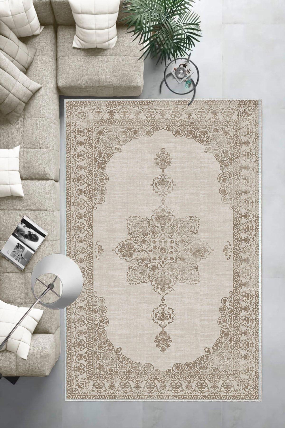 Aldora E4159 Bej 9 mm Deri Yıkanabilir İnce Kaymaz Jüt Taban Dikdörtgen Makine Dokuma Salon Halısı 120x180 cm