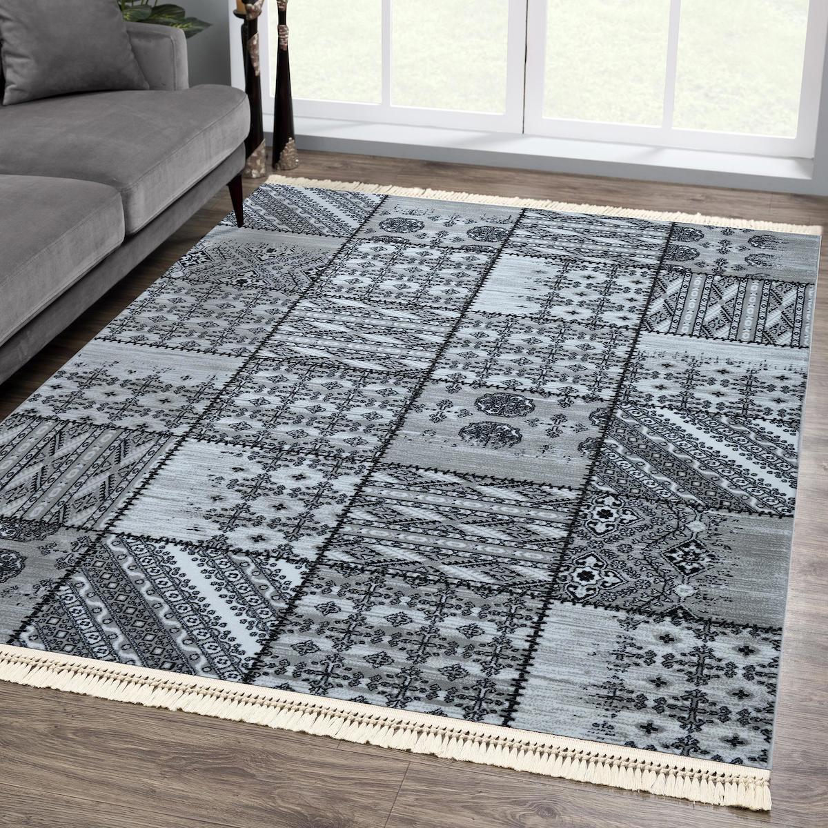 Giza Home 6891A Gri 8 mm Polipropilen Yıkanabilir İnce Kaymaz Jüt Taban Dikdörtgen Makine Dokuma Salon Halısı 100x160 cm