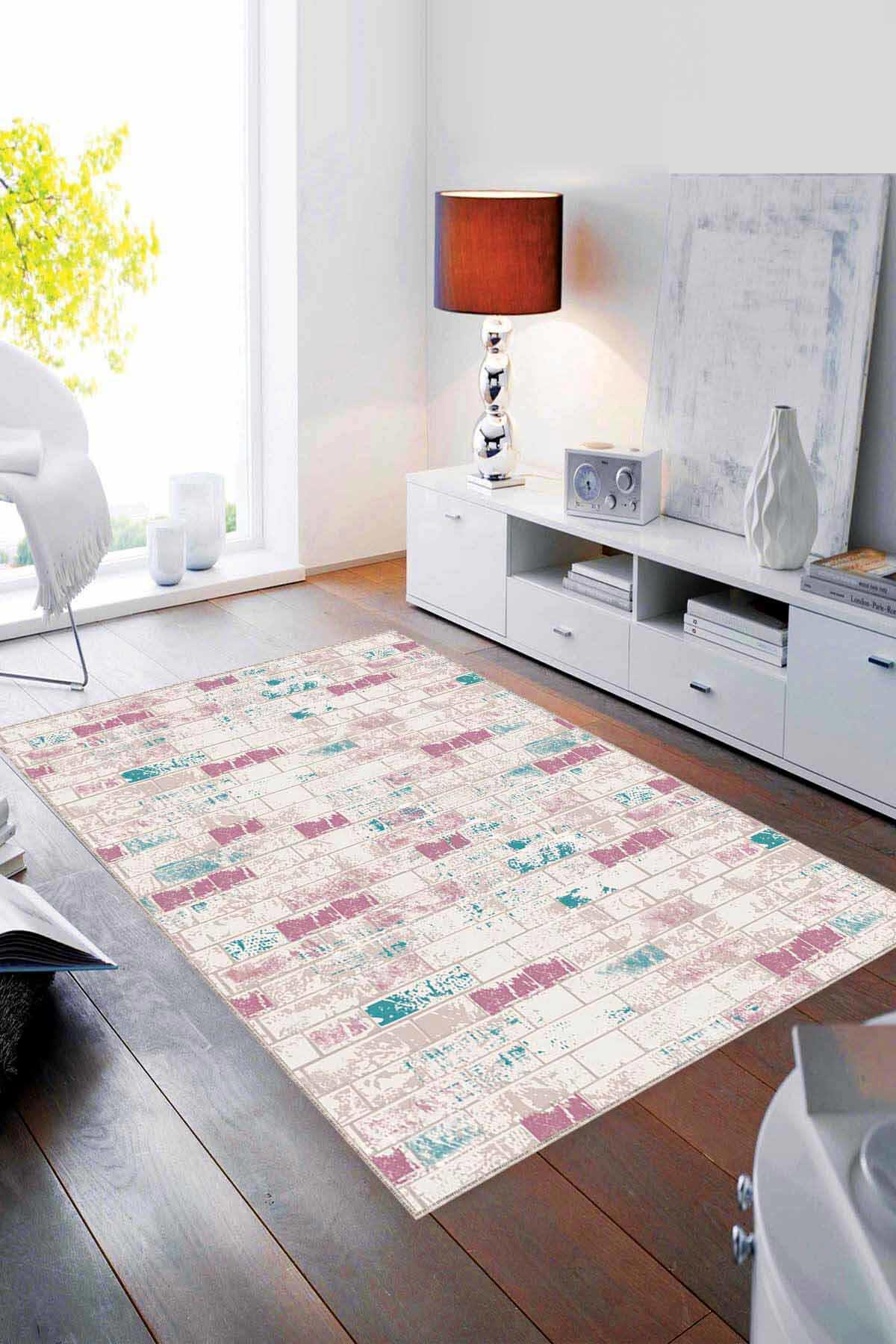 Viva Home TL8 Pembe-Turkuaz 7 mm Mikropolyester Leke Tutmaz Yıkanabilir İnce Kaymaz Dot Taban Dikdörtgen Makine Dokuma Salon Halısı 120x180 cm