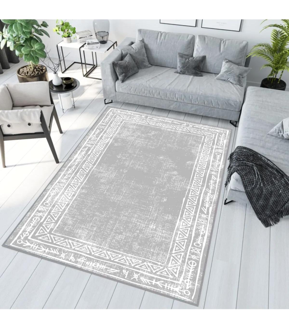 Rovigo Home RVG1003 Gri 8 mm Polyester Antibakteriyel-Leke Tutmaz-Toz Tutmaz Yıkanabilir İnce Kaymaz Dot Taban Dikdörtgen Makine Dokuma Salon Halısı 100x250 cm